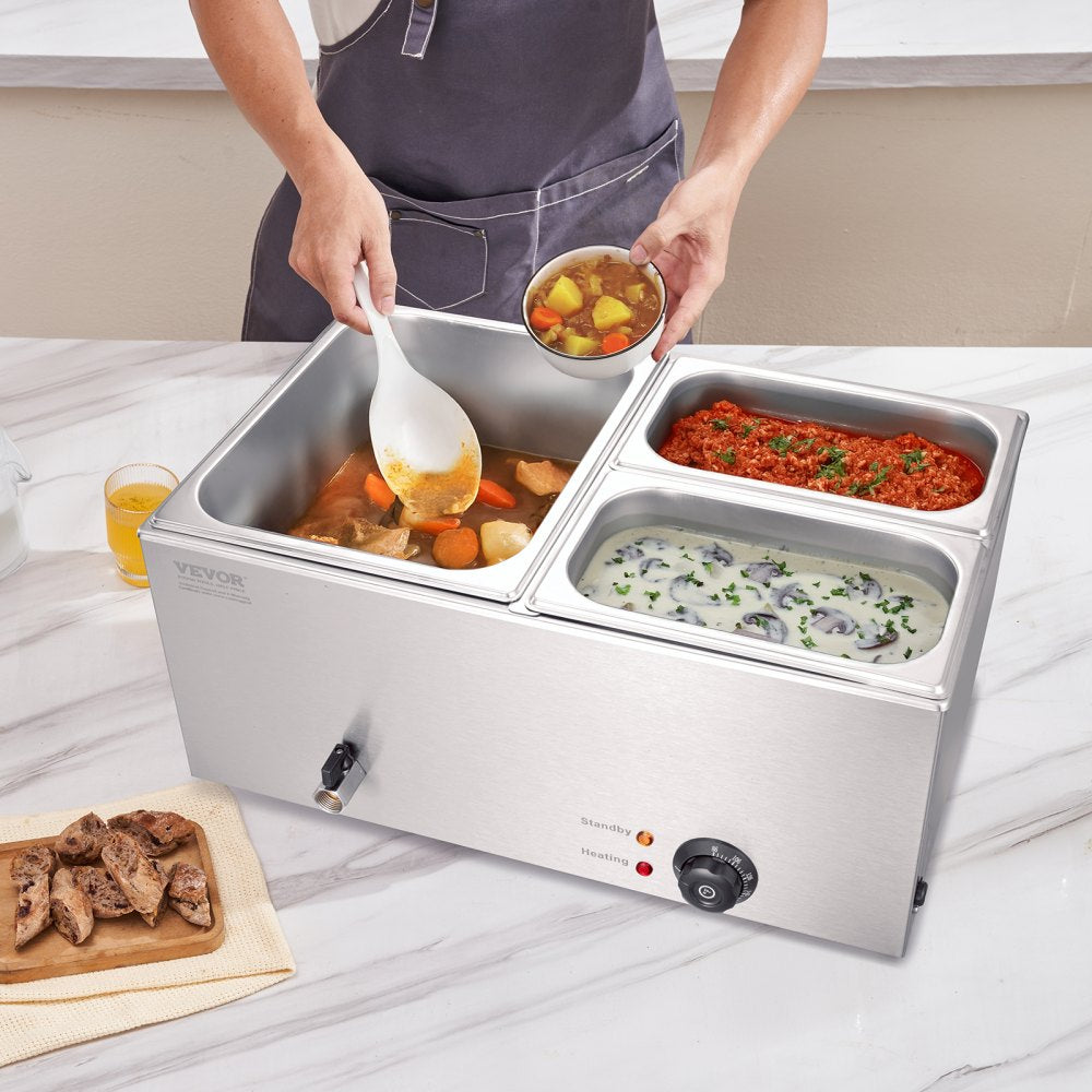 VEVOR Commercial Electric Food Warmer 3-Pan Countertop Buffet 17QT Bain Marie 