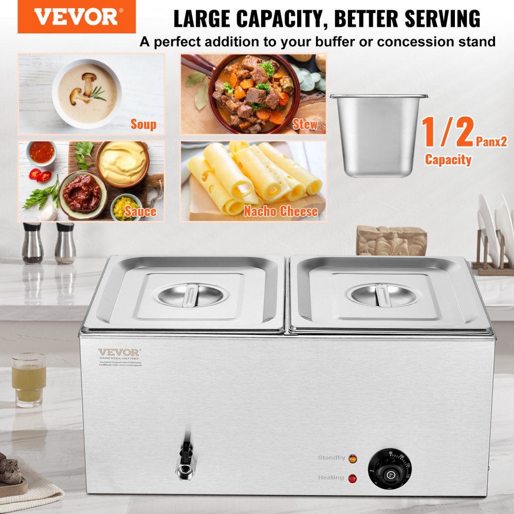 VEVOR Commercial Electric Food Warmer 2-Pan Countertop Buffet 18QT Bain Marie 