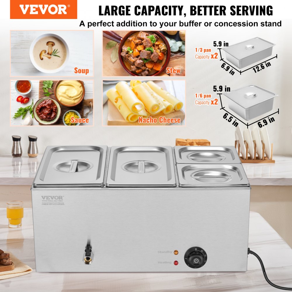 VEVOR Commercial Electric Food Warmer 4-Pan Countertop Buffet 16.4QT Bain Marie 