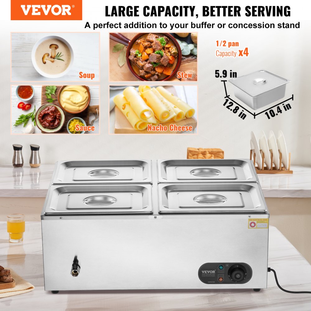 VEVOR Commercial Electric Food Warmer Countertop Buffet 4*8Qt Pan Bain Marie 