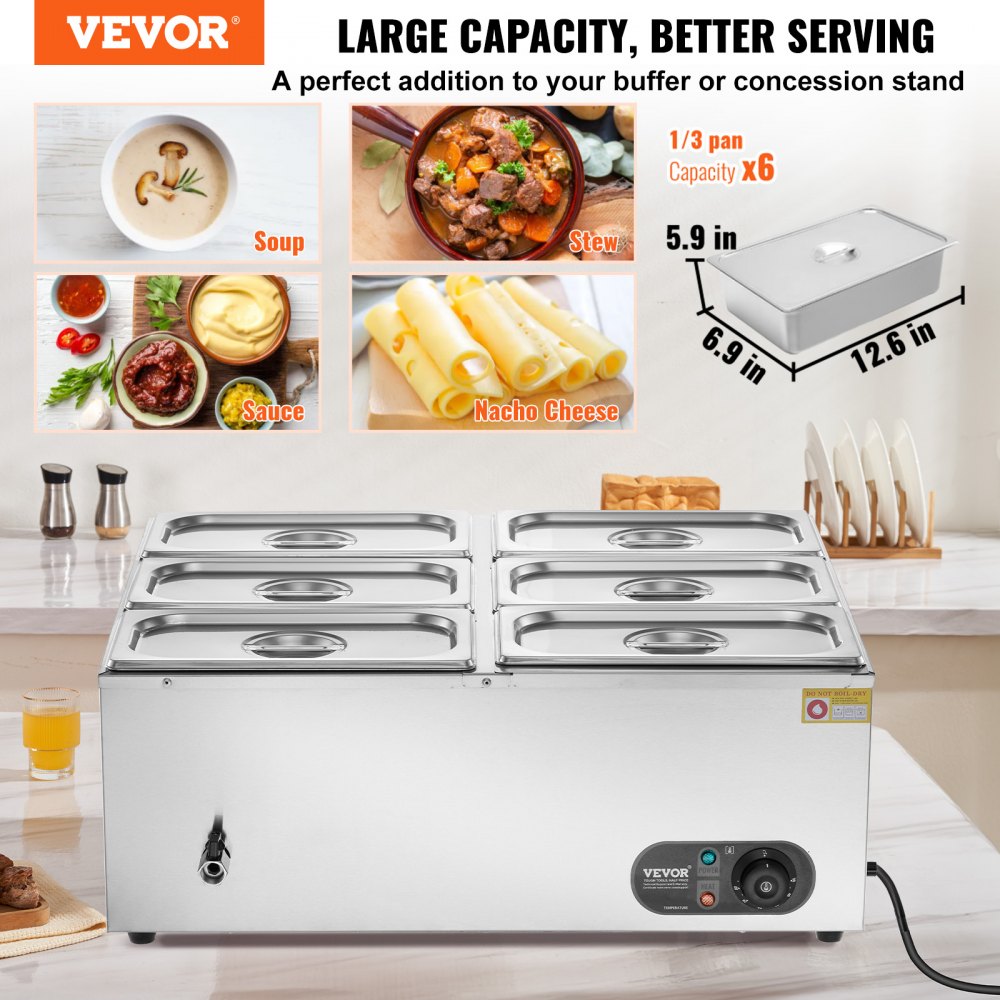 VEVOR Commercial Electric Food Warmer Countertop Buffet 6*5Qt Pan Bain Marie 