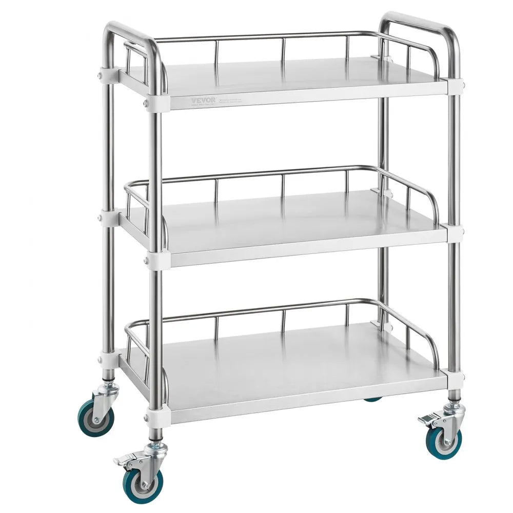 VEVOR Lab Rolling Cart, 3-Shelf Stainless Steel Rolling Cart, Lab Serving Cart with Swivel Casters, Dental Utility Cart for Clinic, Lab,  Hospital, Salon, 26.38"x15.55"x34.13"