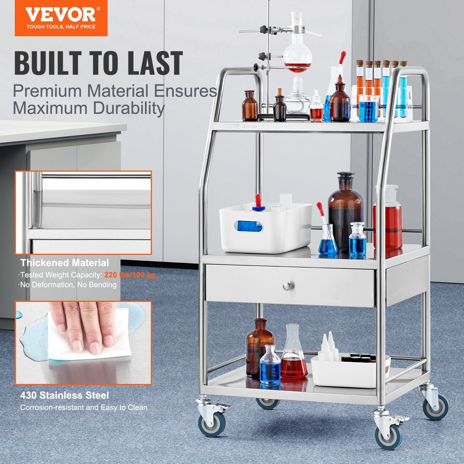 VEVOR Lab Rolling Cart Dental Lab Serving Cart 3 Tiers 1 Drawer Stainless Steel 