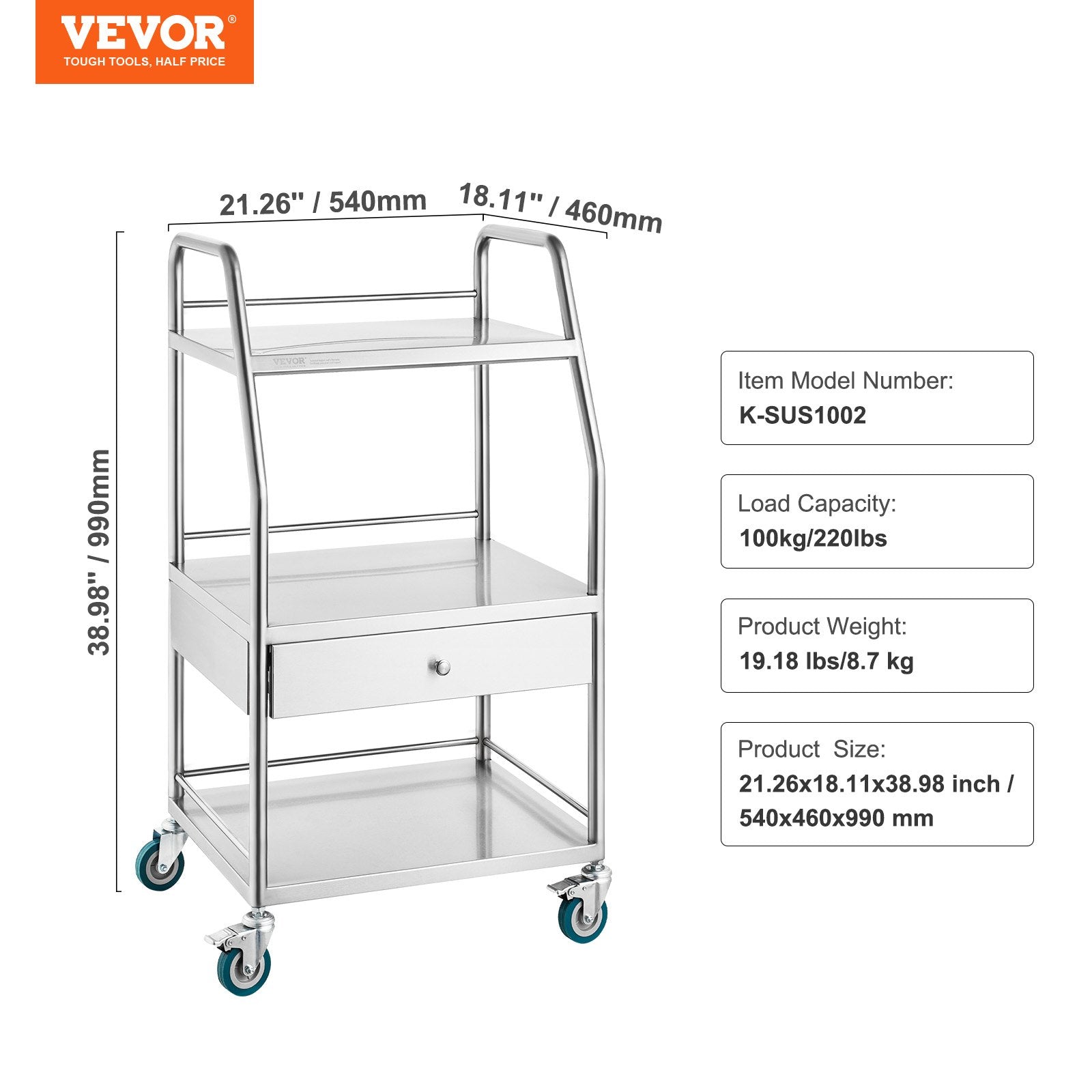 VEVOR Lab Rolling Cart Dental Lab Serving Cart 3 Tiers 1 Drawer Stainless Steel 