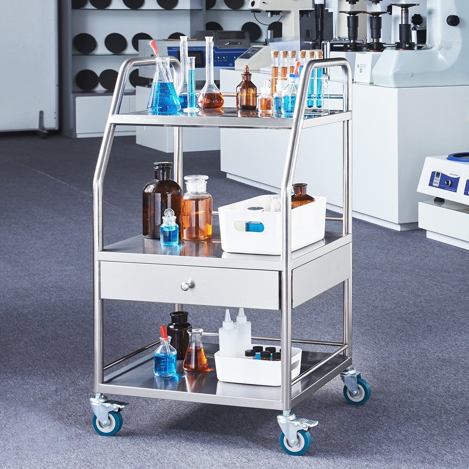 VEVOR Lab Rolling Cart Dental Lab Serving Cart 3 Tiers 1 Drawer Stainless Steel 