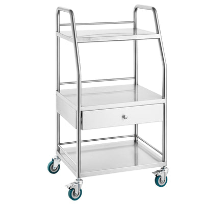 VEVOR Lab Rolling Cart Dental Lab Serving Cart 3 Tiers 1 Drawer Stainless Steel 