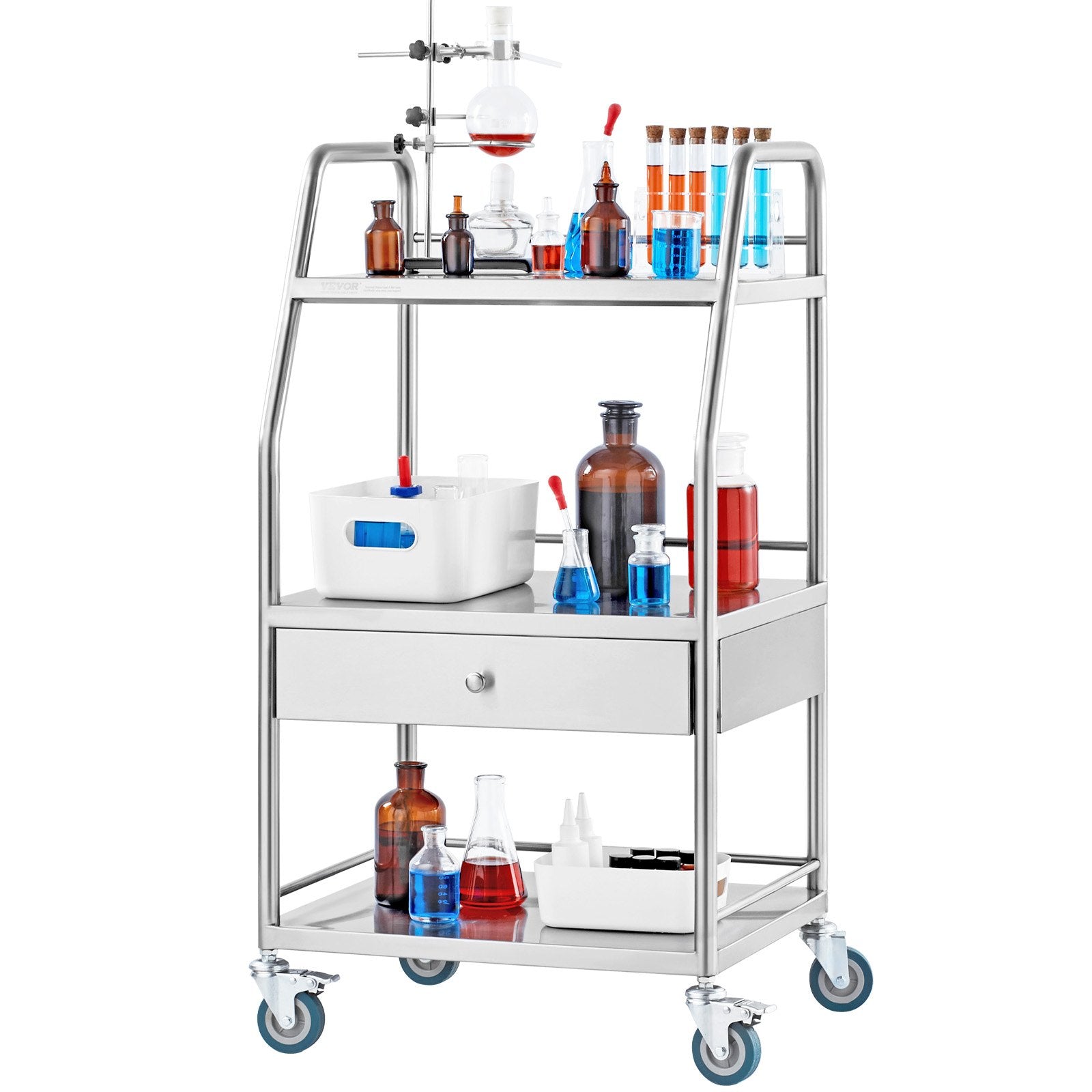 VEVOR Lab Rolling Cart Dental Lab Serving Cart 3 Tiers 1 Drawer Stainless Steel 