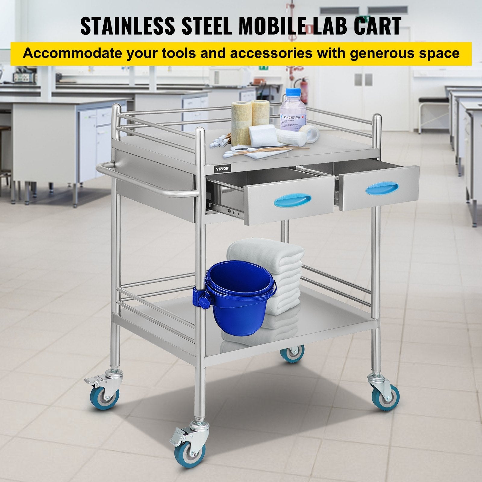 VEVOR Lab Serving Cart Utility Cart with Two-Story Rolling Cart with Two Drawers for Lab Equipment Use Stainless Steel Utility Services (2 Shelves / 2 Drawer) 