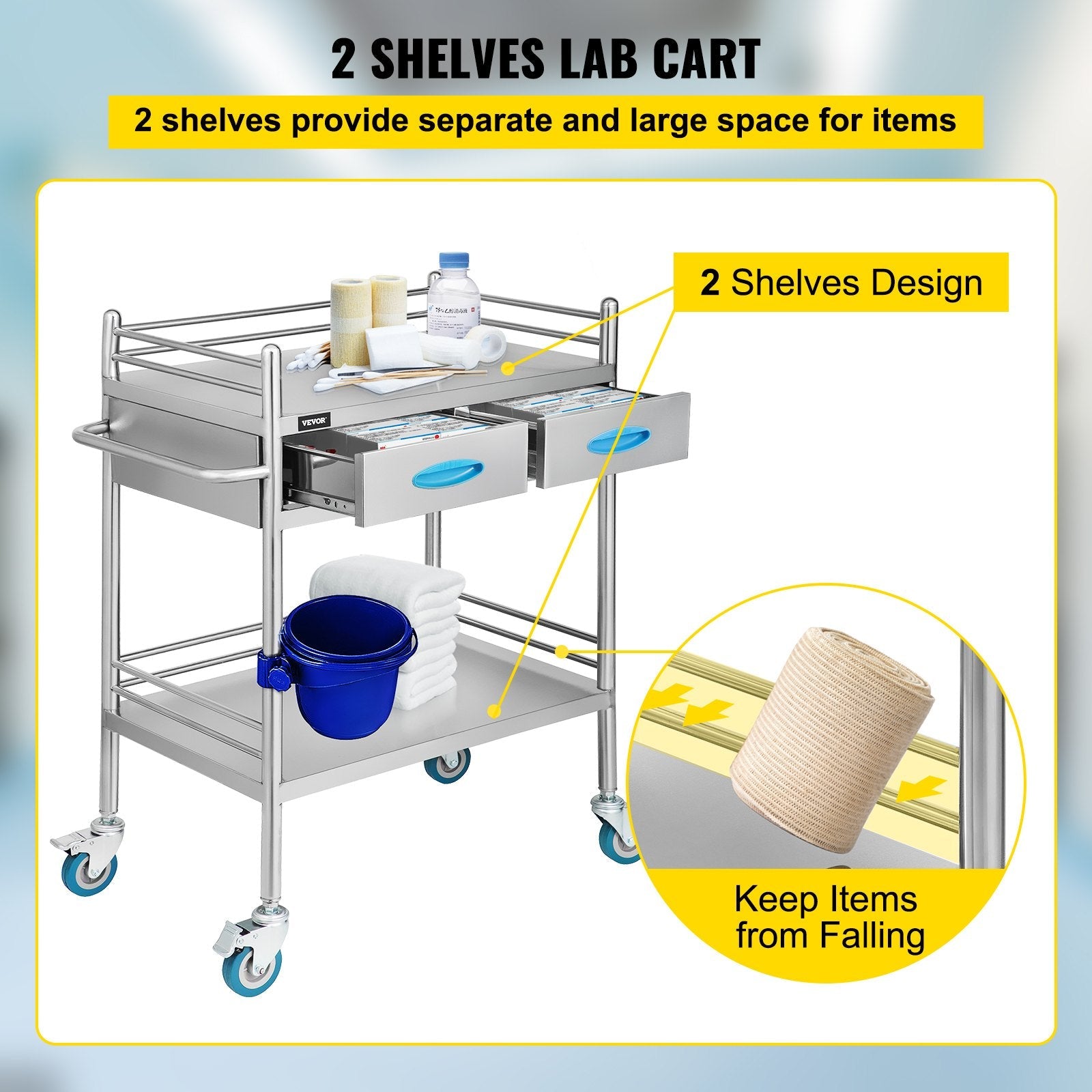 VEVOR Lab Serving Cart Utility Cart with Two-Story Rolling Cart with Two Drawers for Lab Equipment Use Stainless Steel Utility Services (2 Shelves / 2 Drawer) 
