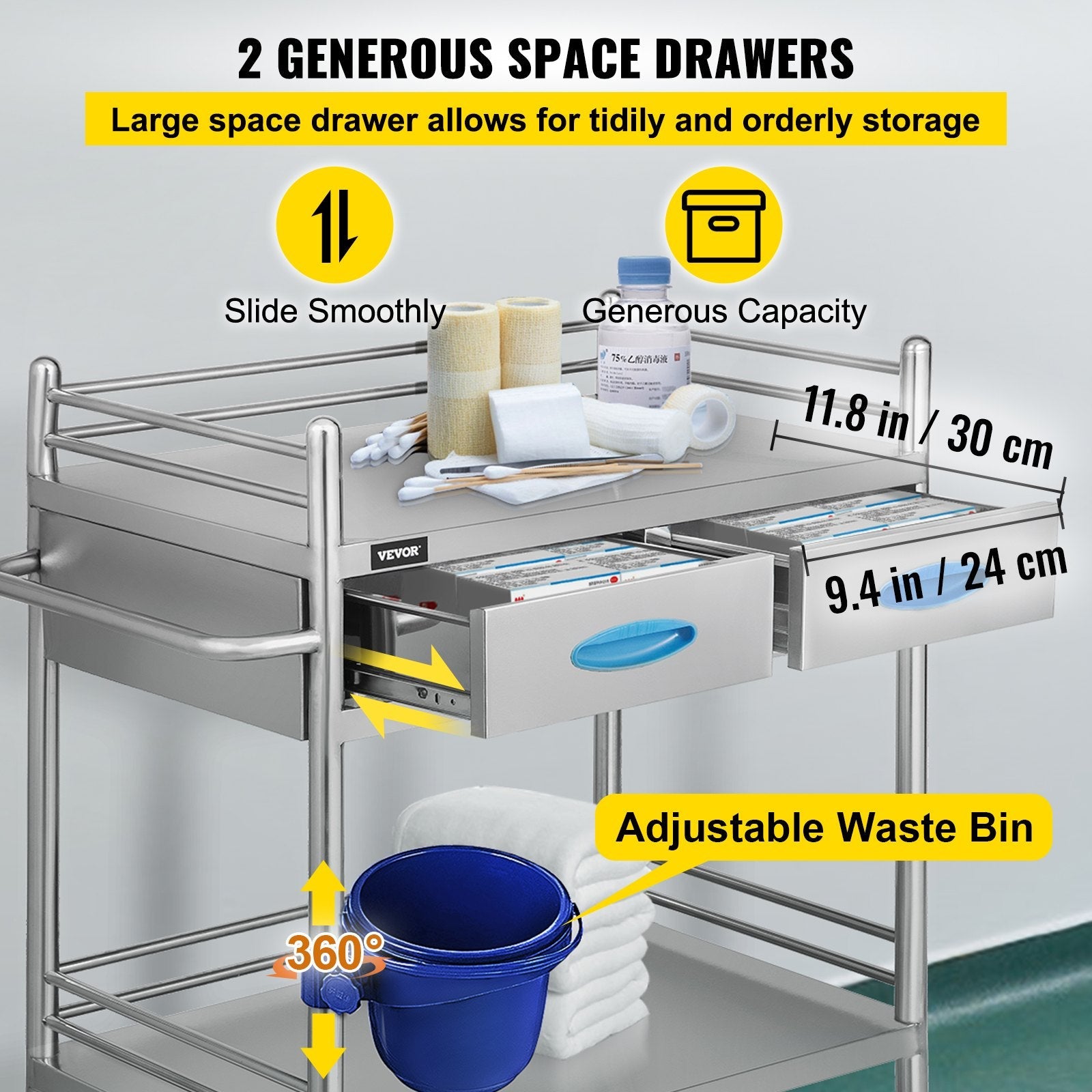 VEVOR Lab Serving Cart Utility Cart with Two-Story Rolling Cart with Two Drawers for Lab Equipment Use Stainless Steel Utility Services (2 Shelves / 2 Drawer) 