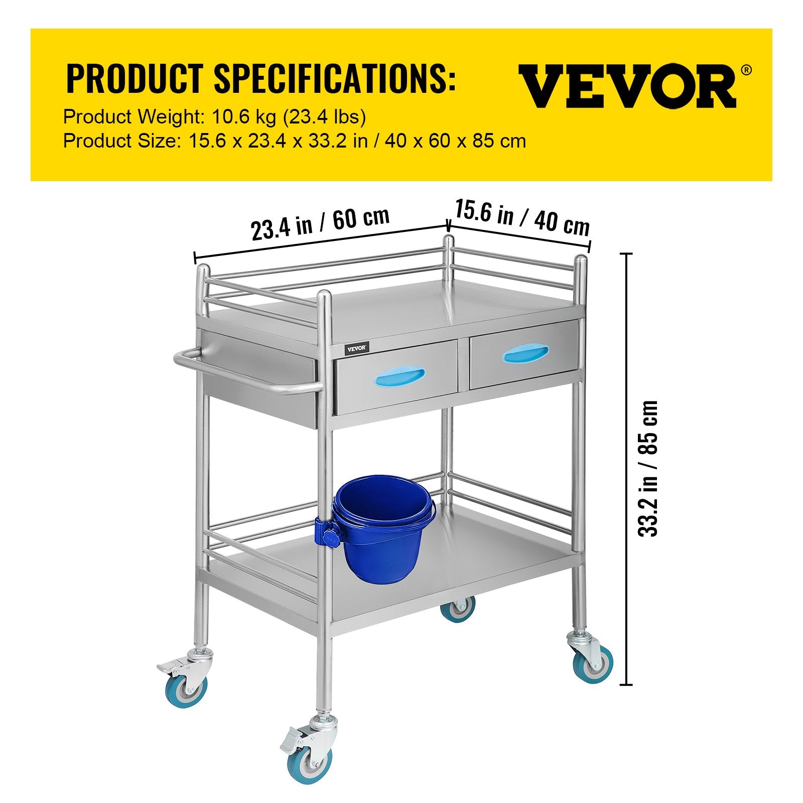 VEVOR Lab Serving Cart Utility Cart with Two-Story Rolling Cart with Two Drawers for Lab Equipment Use Stainless Steel Utility Services (2 Shelves / 2 Drawer) 
