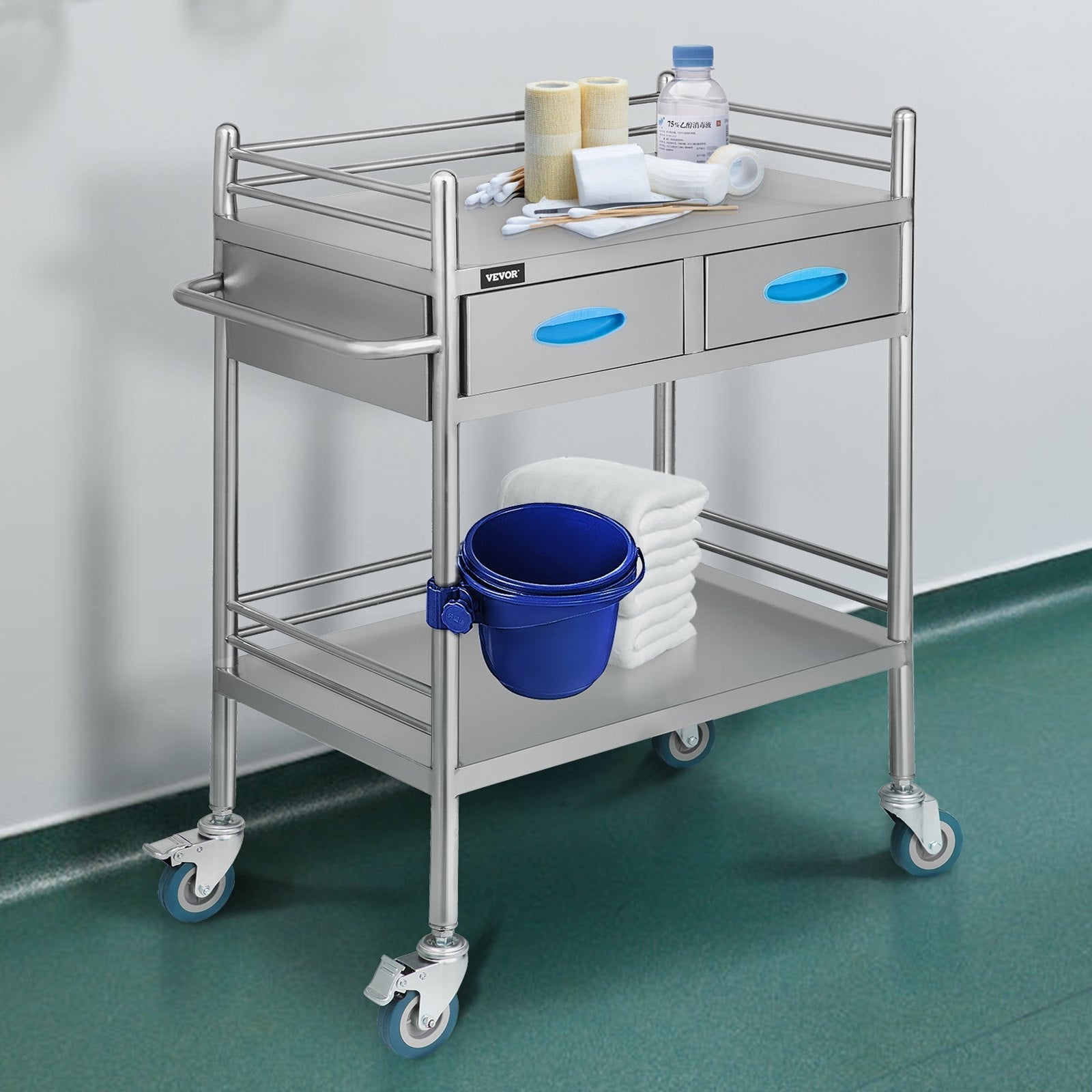 VEVOR Lab Serving Cart Utility Cart with Two-Story Rolling Cart with Two Drawers for Lab Equipment Use Stainless Steel Utility Services (2 Shelves / 2 Drawer) 