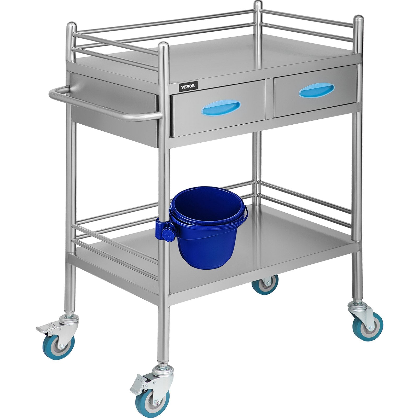 VEVOR Lab Serving Cart Utility Cart with Two-Story Rolling Cart with Two Drawers for Lab Equipment Use Stainless Steel Utility Services (2 Shelves / 2 Drawer) 