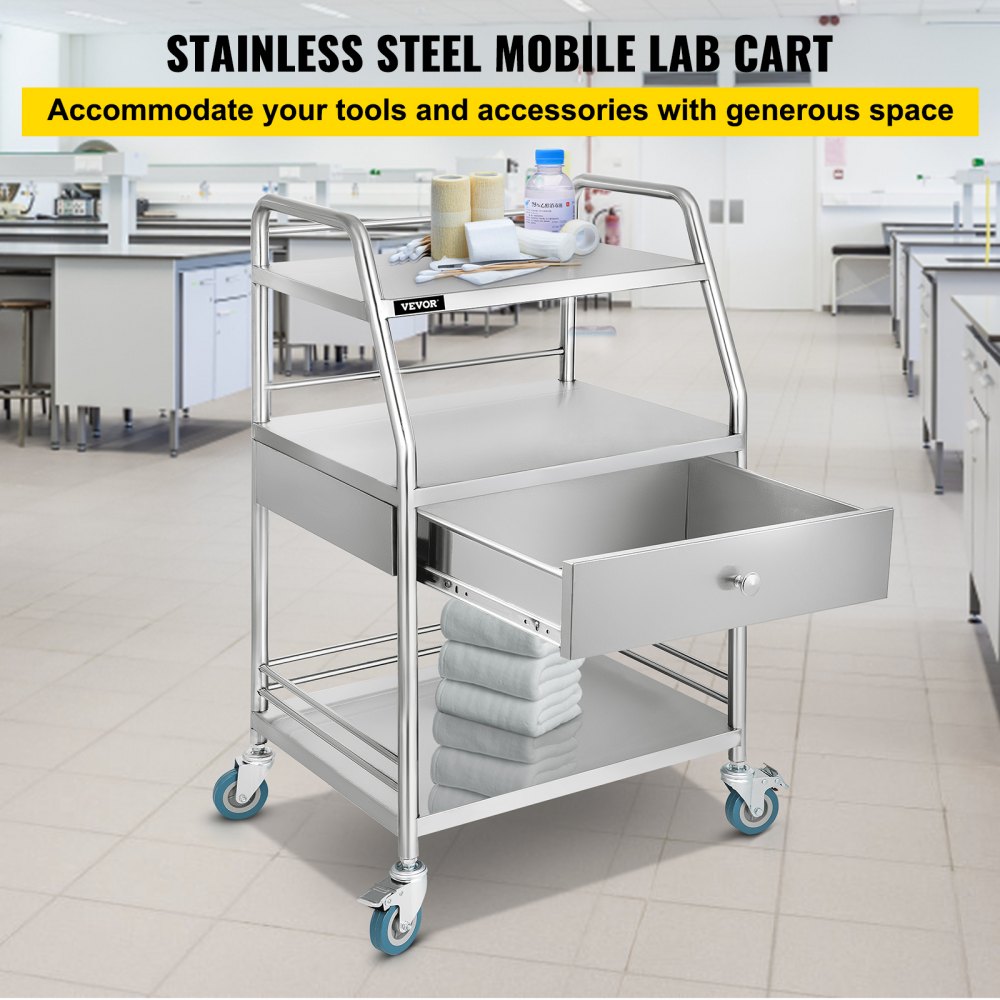 VEVOR Utility Cart with 3 Shelves Shelf Stainless Steel with Wheels Rolling Cart Commercial Wheel Dental Lab Cart Utility Services (3 Shelves/ 1 Drawer) 