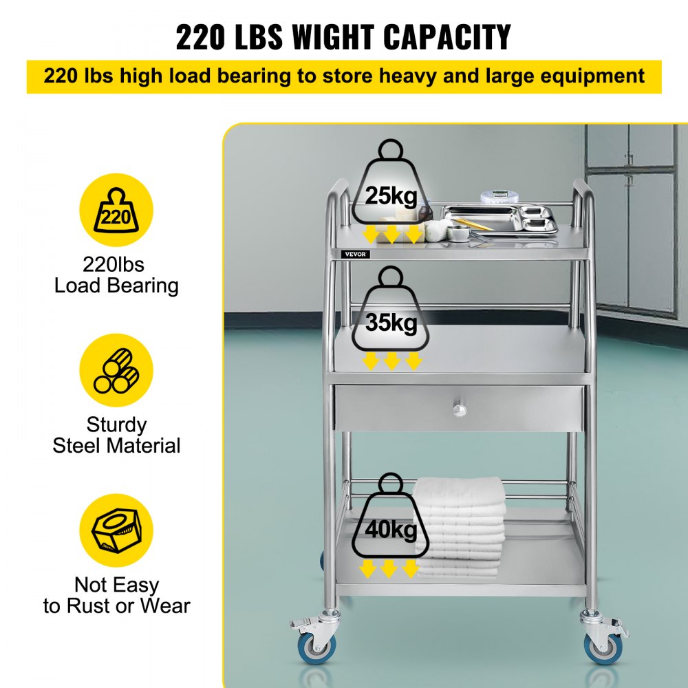 VEVOR Utility Cart with 3 Shelves Shelf Stainless Steel with Wheels Rolling Cart Commercial Wheel Dental Lab Cart Utility Services (3 Shelves/ 1 Drawer) 