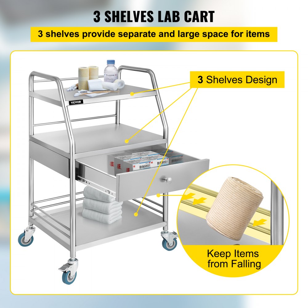 VEVOR Utility Cart with 3 Shelves Shelf Stainless Steel with Wheels Rolling Cart Commercial Wheel Dental Lab Cart Utility Services (3 Shelves/ 1 Drawer) 