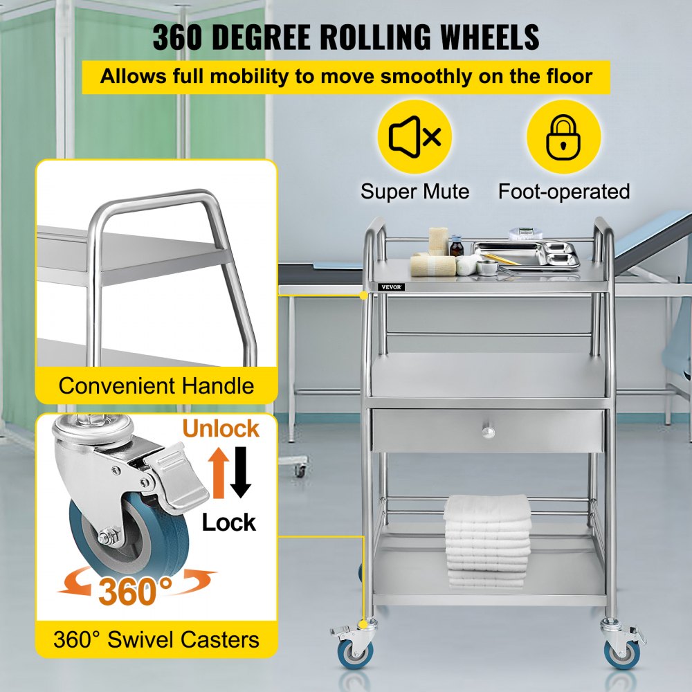 VEVOR Utility Cart with 3 Shelves Shelf Stainless Steel with Wheels Rolling Cart Commercial Wheel Dental Lab Cart Utility Services (3 Shelves/ 1 Drawer) 