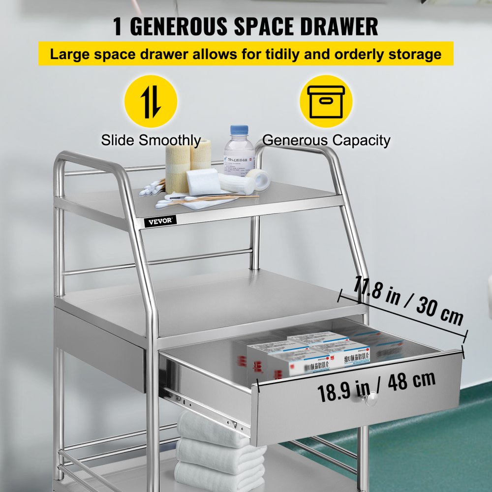VEVOR Utility Cart with 3 Shelves Shelf Stainless Steel with Wheels Rolling Cart Commercial Wheel Dental Lab Cart Utility Services (3 Shelves/ 1 Drawer) 