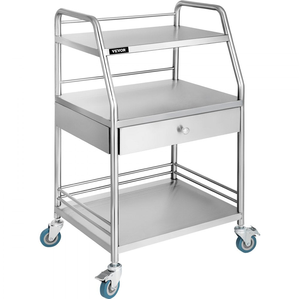 VEVOR Utility Cart with 3 Shelves Shelf Stainless Steel with Wheels Rolling Cart Commercial Wheel Dental Lab Cart Utility Services (3 Shelves/ 1 Drawer) 