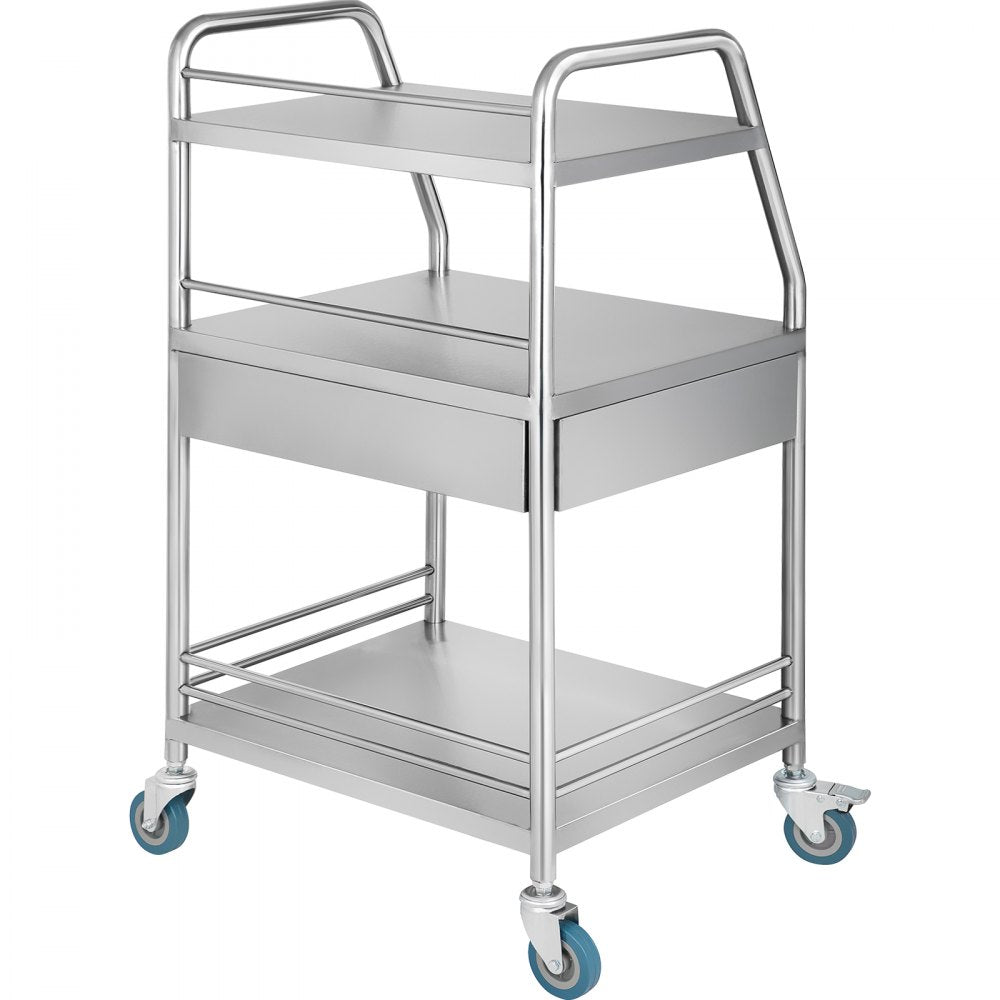 VEVOR Utility Cart with 3 Shelves Shelf Stainless Steel with Wheels Rolling Cart Commercial Wheel Dental Lab Cart Utility Services (3 Shelves/ 1 Drawer) 