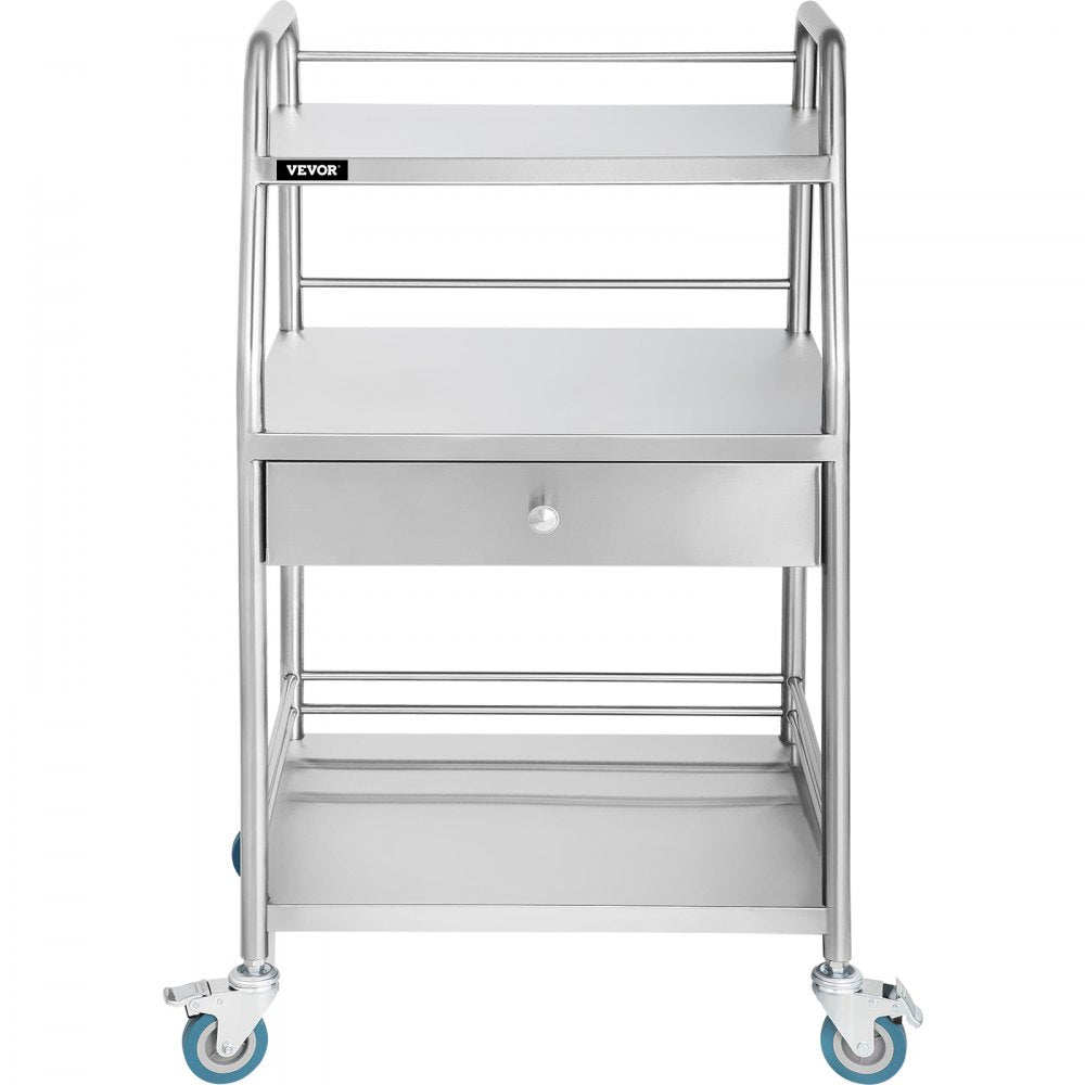 VEVOR Utility Cart with 3 Shelves Shelf Stainless Steel with Wheels Rolling Cart Commercial Wheel Dental Lab Cart Utility Services (3 Shelves/ 1 Drawer) 