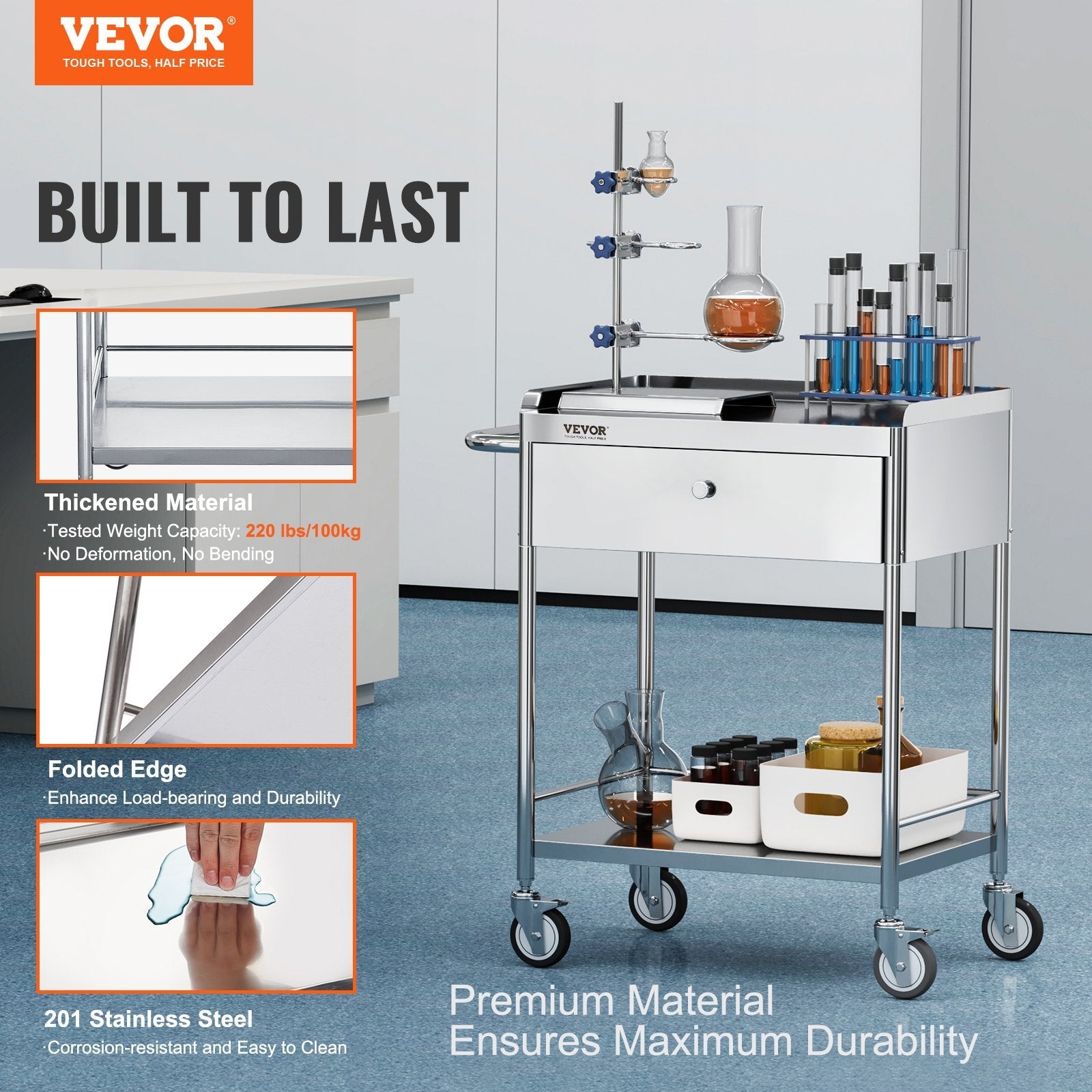 VEVOR Medical Cart, 2-Layer Stainless Steel Cart 220 lbs Weight Capacity, Lab Utility Cart with 360° Silent Wheels and a Drawer for Lab, Clinic, Kitchen, Salon 