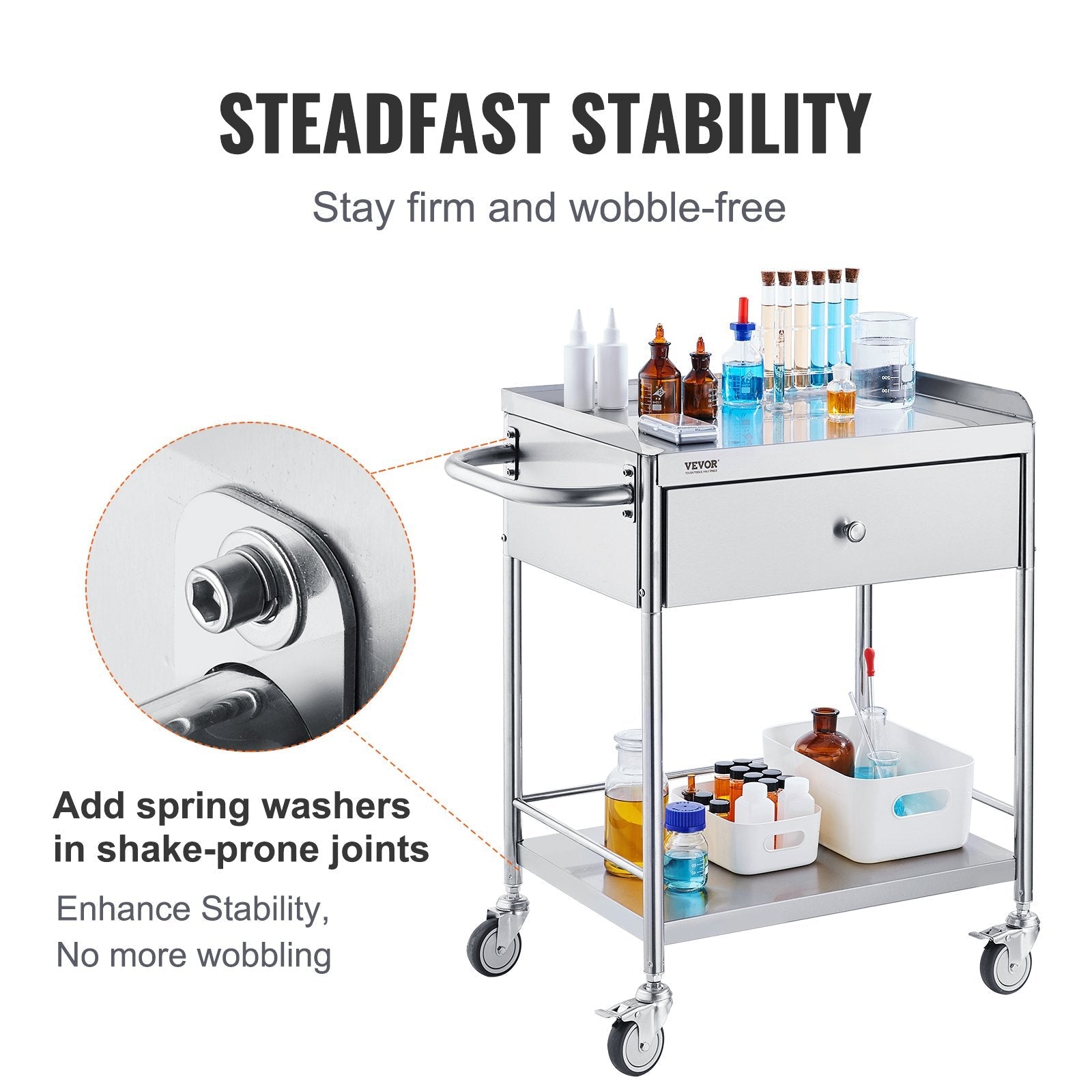 VEVOR Medical Cart, 2-Layer Stainless Steel Cart 220 lbs Weight Capacity, Lab Utility Cart with 360° Silent Wheels and a Drawer for Lab, Clinic, Kitchen, Salon 