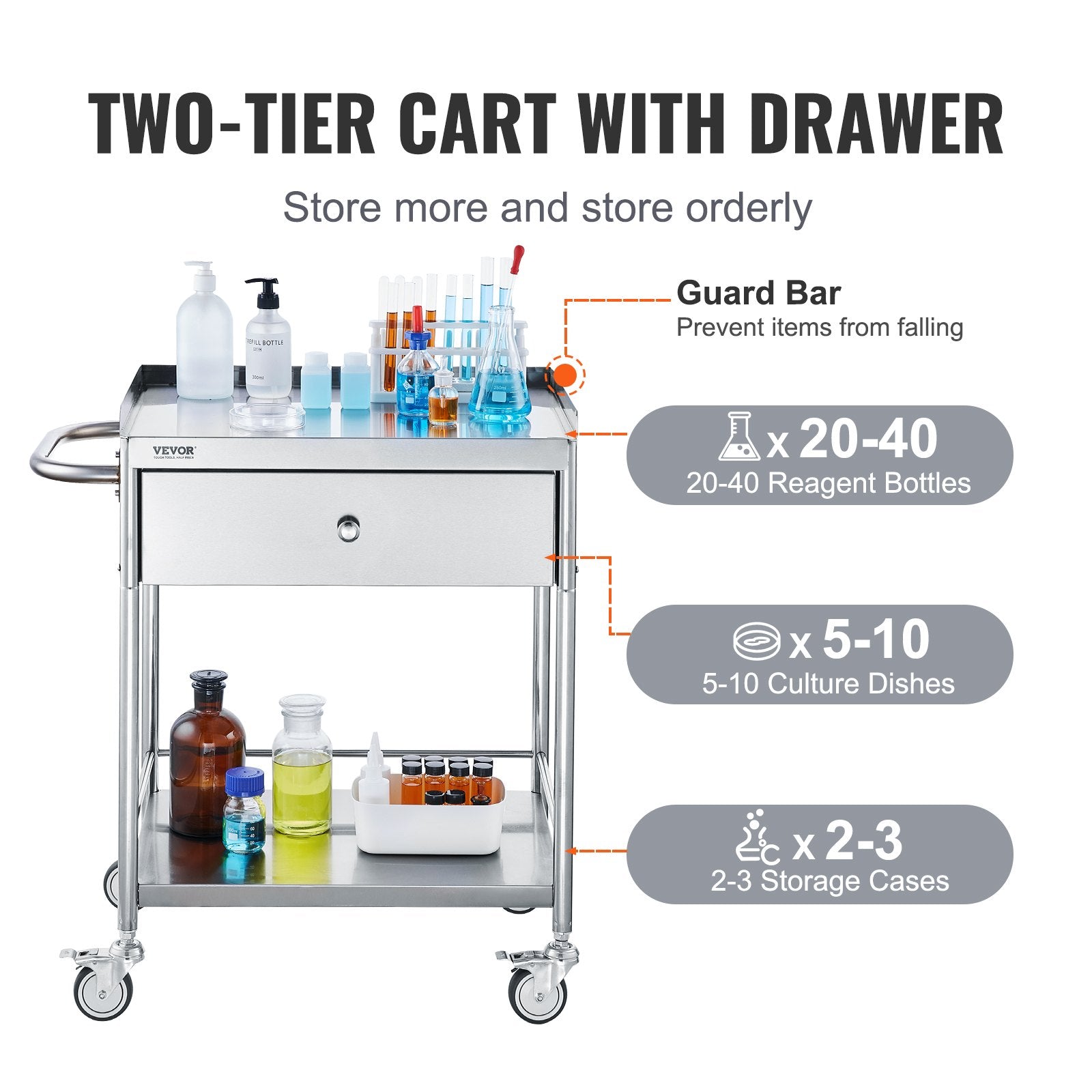 VEVOR Medical Cart, 2-Layer Stainless Steel Cart 220 lbs Weight Capacity, Lab Utility Cart with 360° Silent Wheels and a Drawer for Lab, Clinic, Kitchen, Salon 