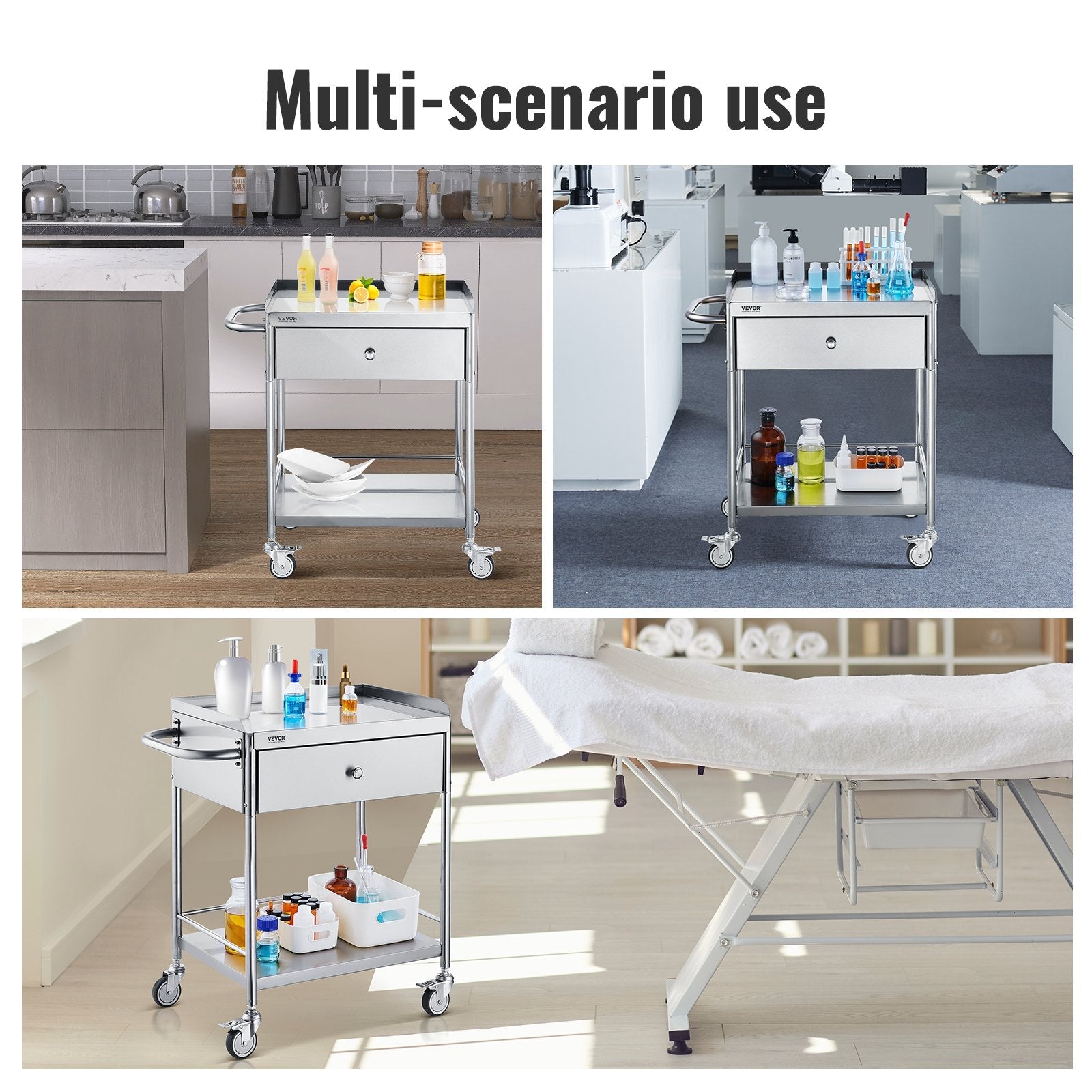 VEVOR Medical Cart, 2-Layer Stainless Steel Cart 220 lbs Weight Capacity, Lab Utility Cart with 360° Silent Wheels and a Drawer for Lab, Clinic, Kitchen, Salon 