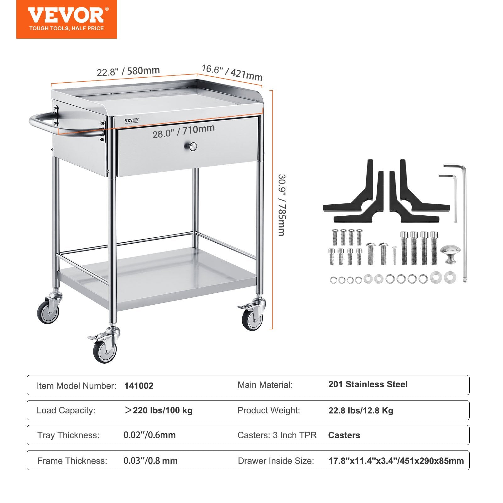 VEVOR Medical Cart, 2-Layer Stainless Steel Cart 220 lbs Weight Capacity, Lab Utility Cart with 360° Silent Wheels and a Drawer for Lab, Clinic, Kitchen, Salon 