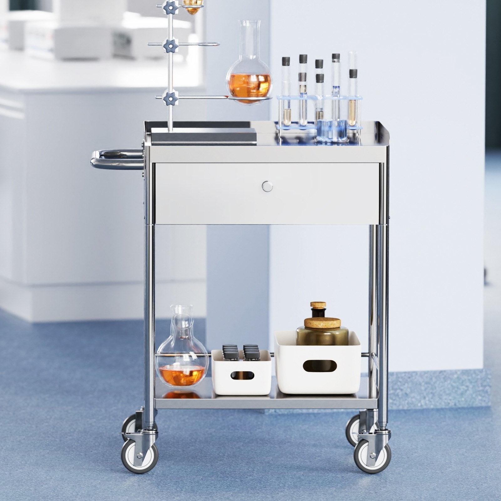 VEVOR Medical Cart, 2-Layer Stainless Steel Cart 220 lbs Weight Capacity, Lab Utility Cart with 360° Silent Wheels and a Drawer for Lab, Clinic, Kitchen, Salon 