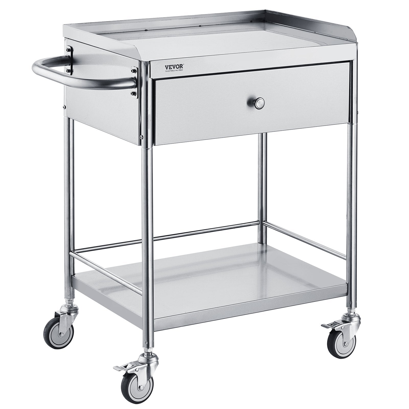 VEVOR Medical Cart, 2-Layer Stainless Steel Cart 220 lbs Weight Capacity, Lab Utility Cart with 360° Silent Wheels and a Drawer for Lab, Clinic, Kitchen, Salon 