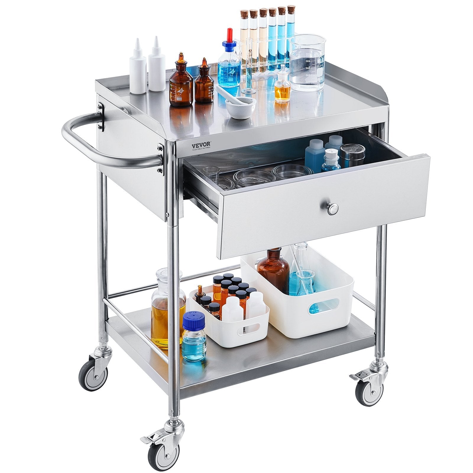 VEVOR Medical Cart, 2-Layer Stainless Steel Cart 220 lbs Weight Capacity, Lab Utility Cart with 360° Silent Wheels and a Drawer for Lab, Clinic, Kitchen, Salon 