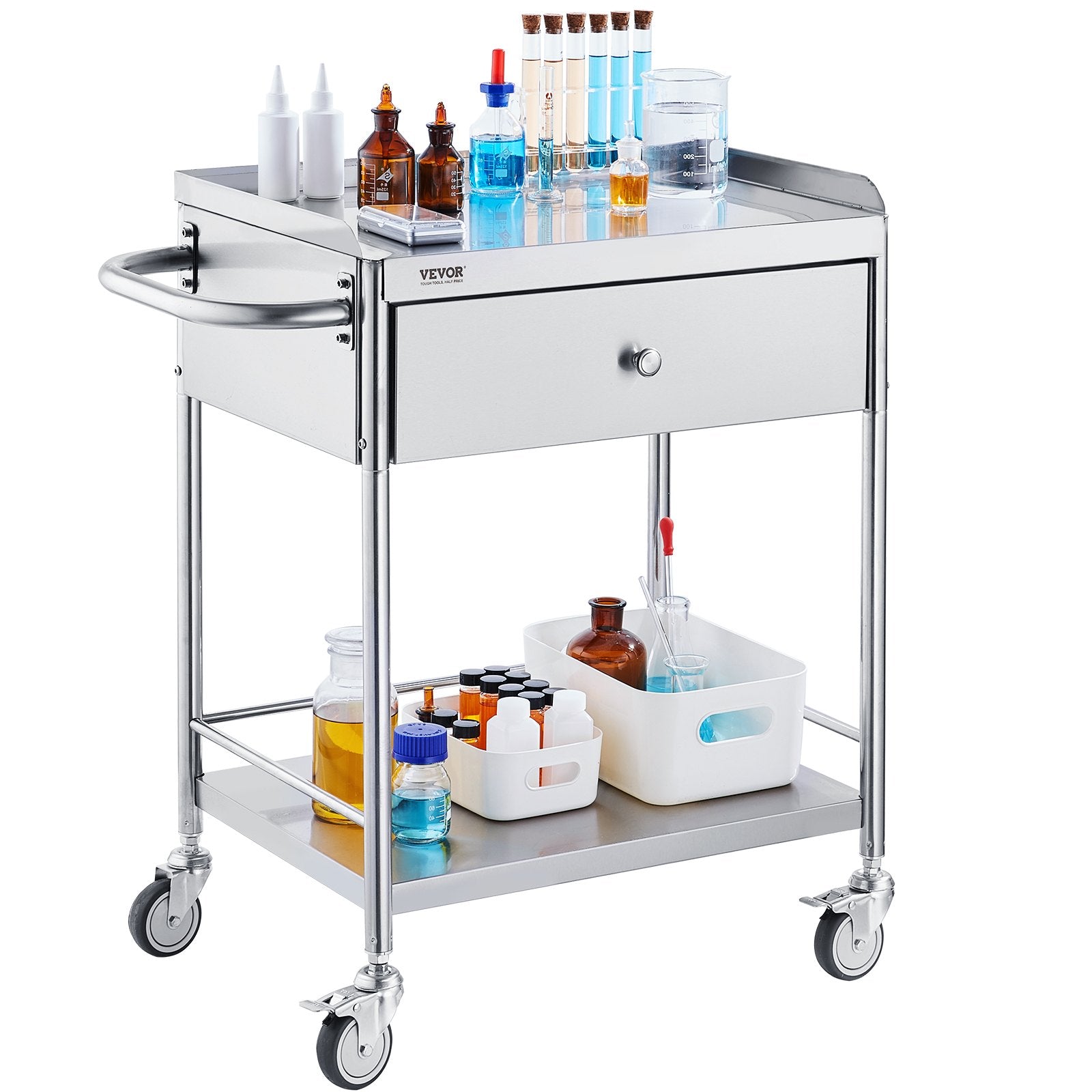 VEVOR Medical Cart, 2-Layer Stainless Steel Cart 220 lbs Weight Capacity, Lab Utility Cart with 360° Silent Wheels and a Drawer for Lab, Clinic, Kitchen, Salon 