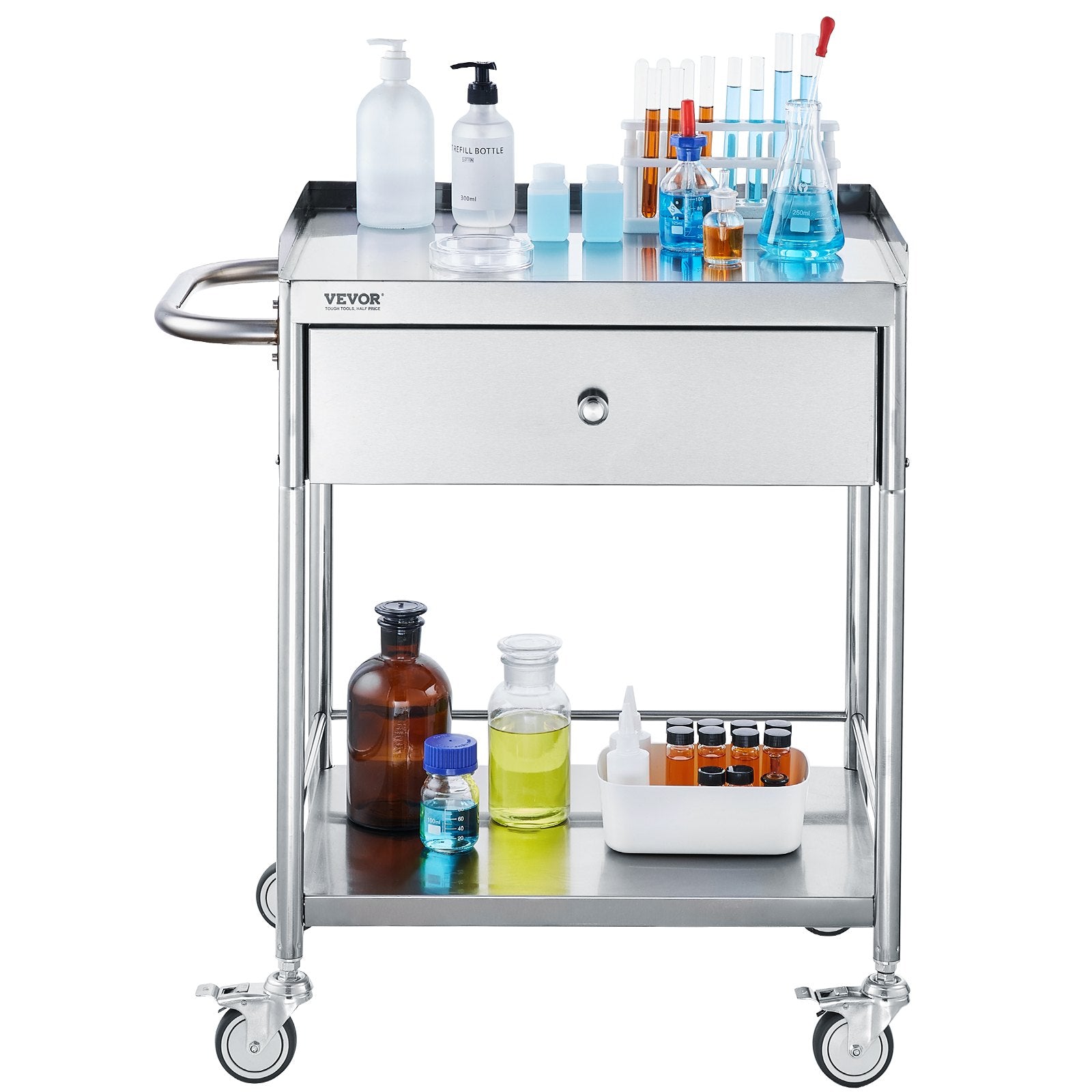 VEVOR Medical Cart, 2-Layer Stainless Steel Cart 220 lbs Weight Capacity, Lab Utility Cart with 360° Silent Wheels and a Drawer for Lab, Clinic, Kitchen, Salon 