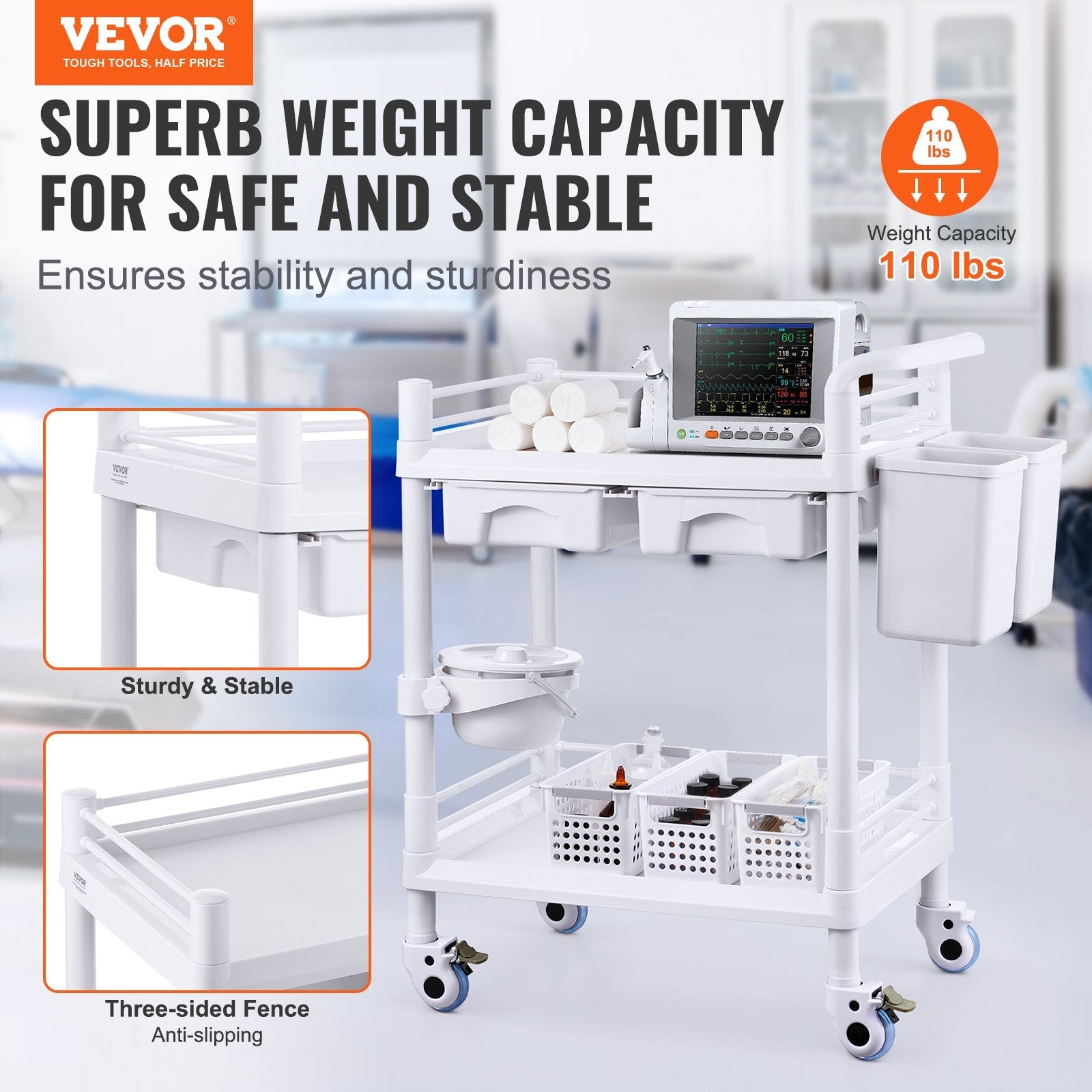 VEVOR 2 Tiers Lab Carts Mobile Medical Cart 2 Trays 2 Drawers 3 Trash Cans White 