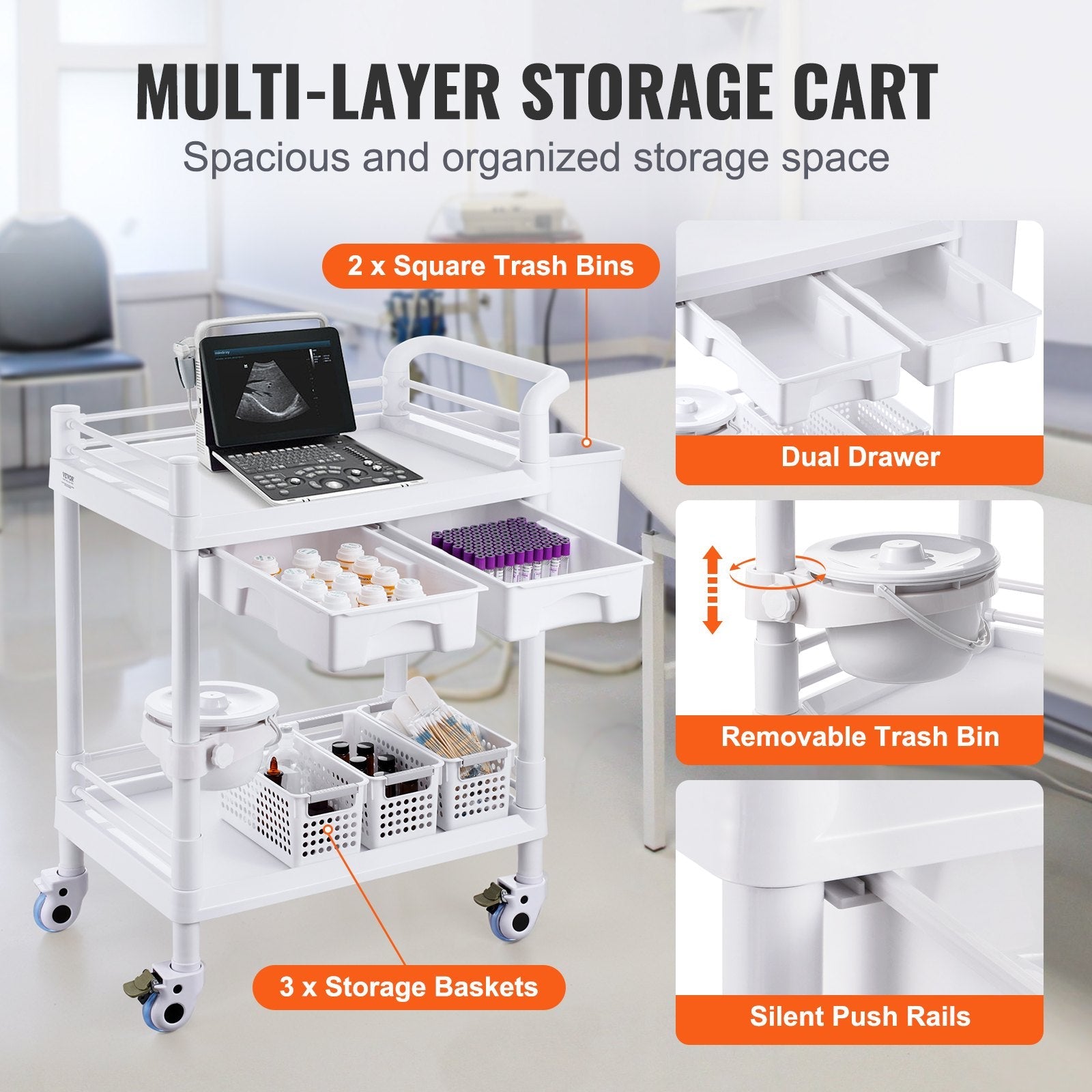 VEVOR 2 Tiers Lab Carts Mobile Medical Cart 2 Trays 2 Drawers 3 Trash Cans White 