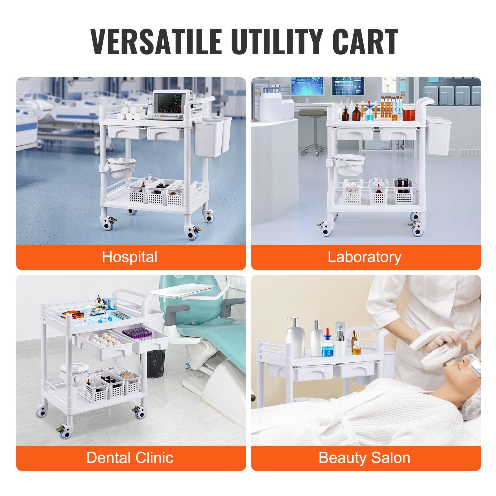 VEVOR 2 Tiers Lab Carts Mobile Medical Cart 2 Trays 2 Drawers 3 Trash Cans White 