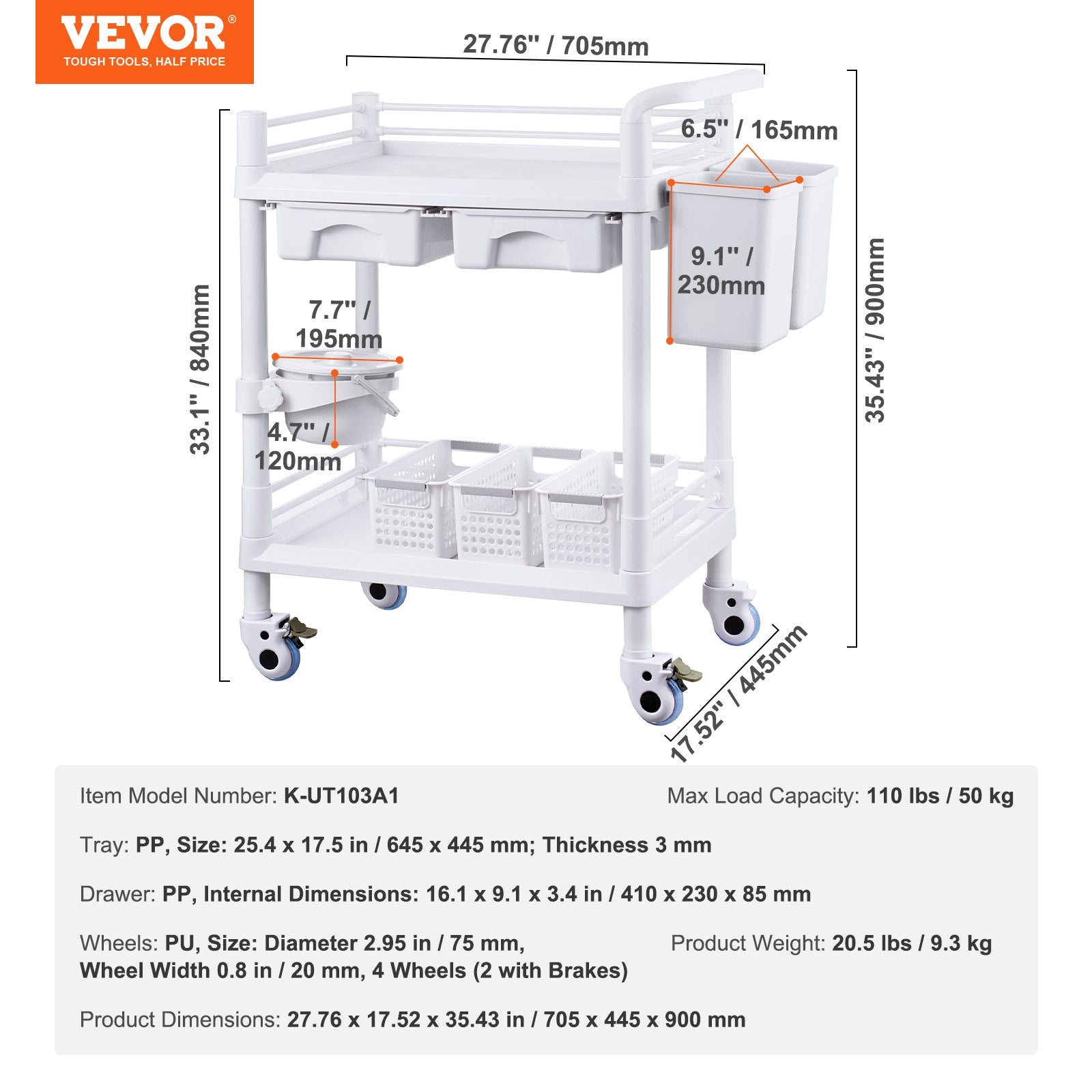 VEVOR 2 Tiers Lab Carts Mobile Medical Cart 2 Trays 2 Drawers 3 Trash Cans White 