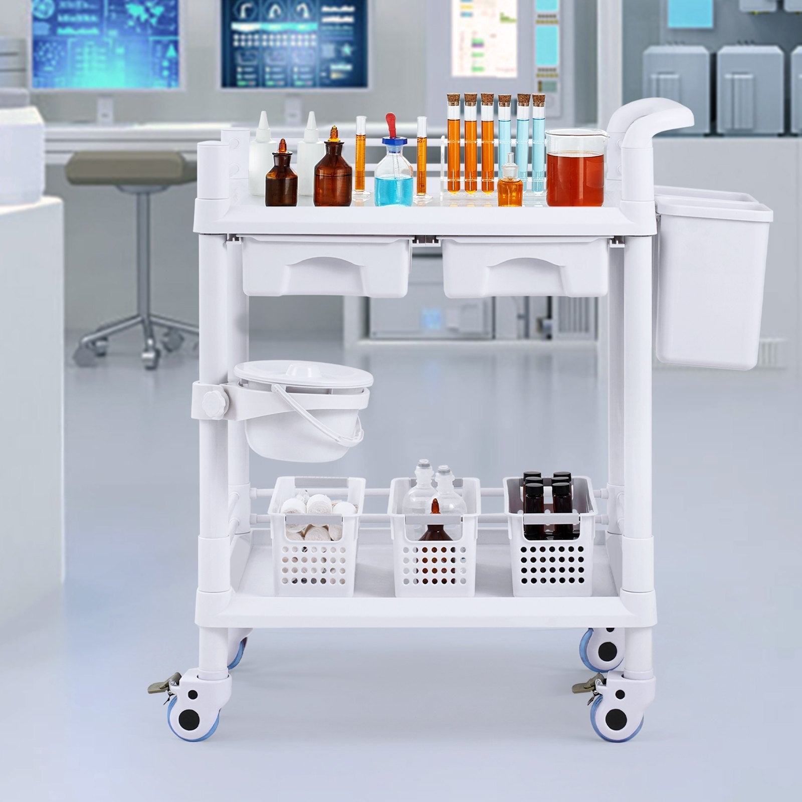 VEVOR 2 Tiers Lab Carts Mobile Medical Cart 2 Trays 2 Drawers 3 Trash Cans White 