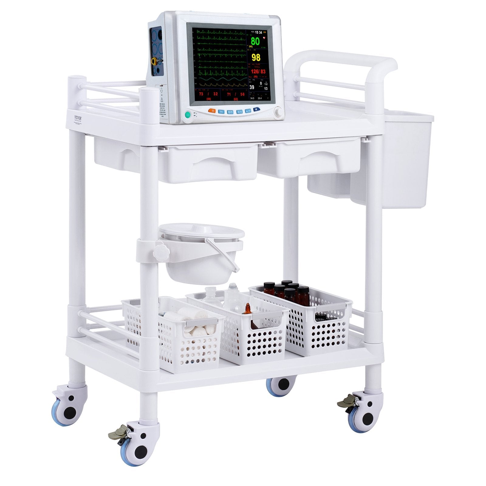 VEVOR 2 Tiers Lab Carts Mobile Medical Cart 2 Trays 2 Drawers 3 Trash Cans White 
