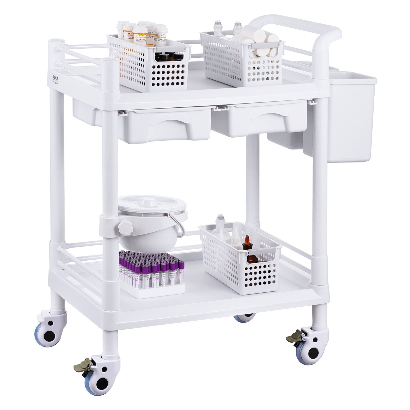 VEVOR 2 Tiers Lab Carts Mobile Medical Cart 2 Trays 2 Drawers 3 Trash Cans White 