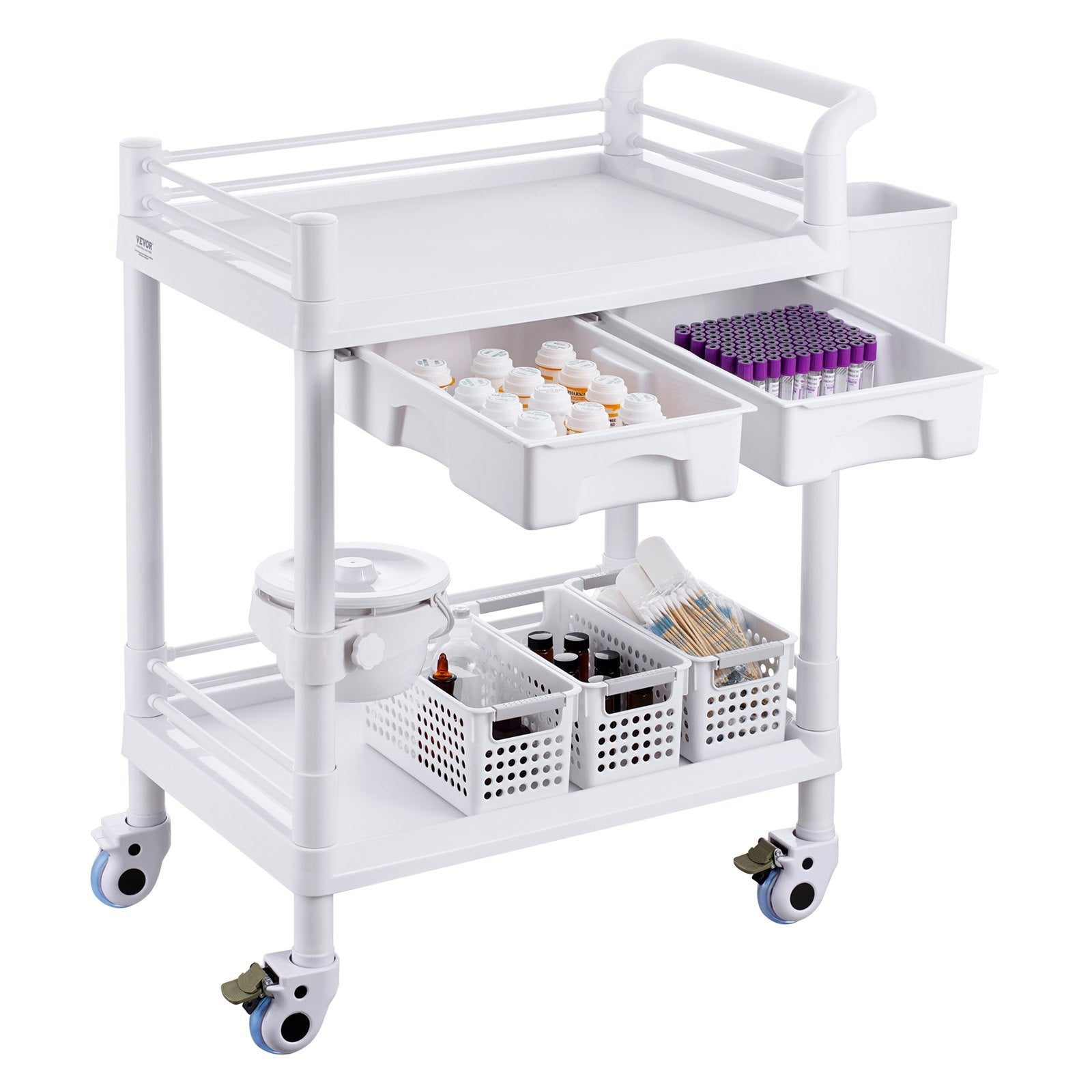 VEVOR 2 Tiers Lab Carts Mobile Medical Cart 2 Trays 2 Drawers 3 Trash Cans White 