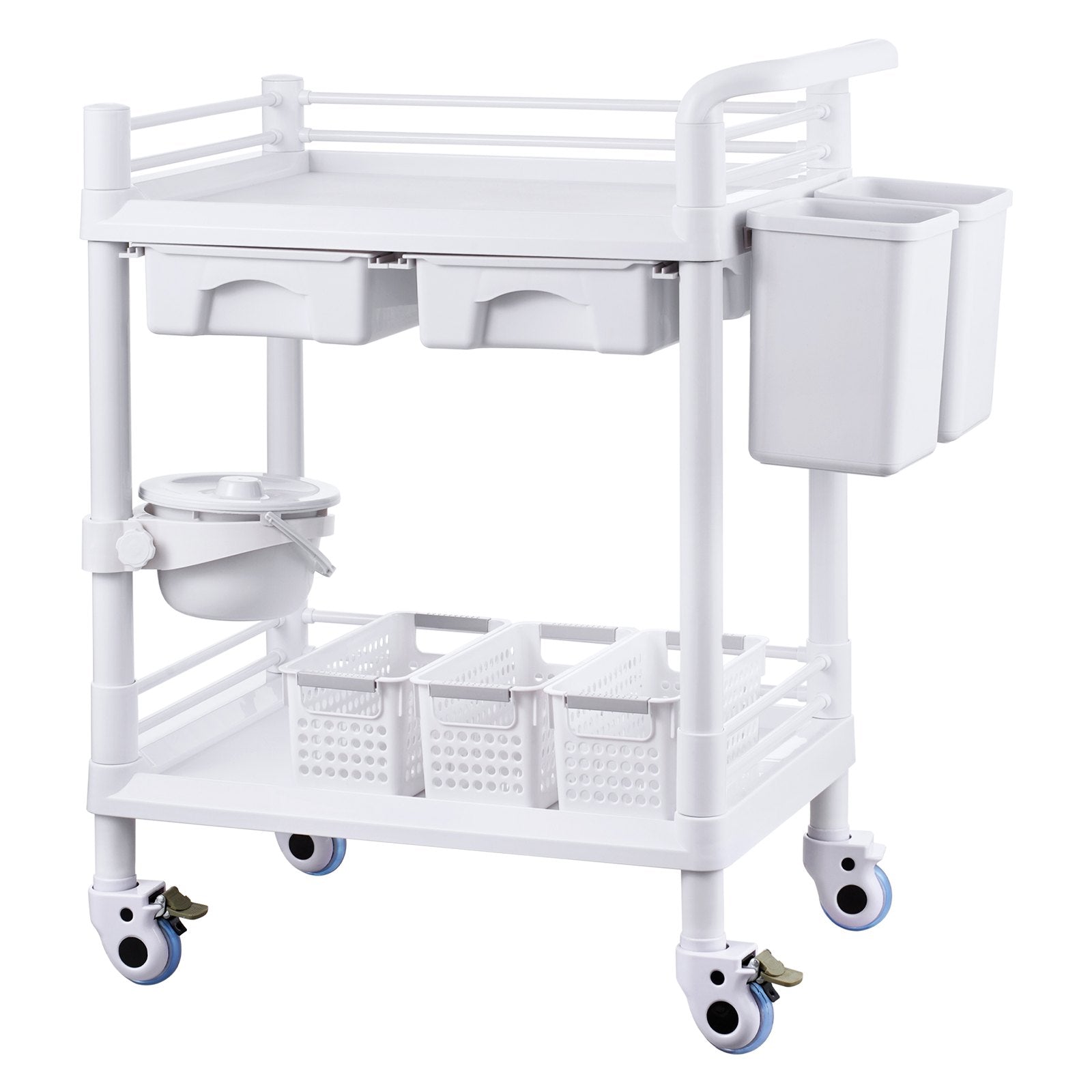 VEVOR 2 Tiers Lab Carts Mobile Medical Cart 2 Trays 2 Drawers 3 Trash Cans White 