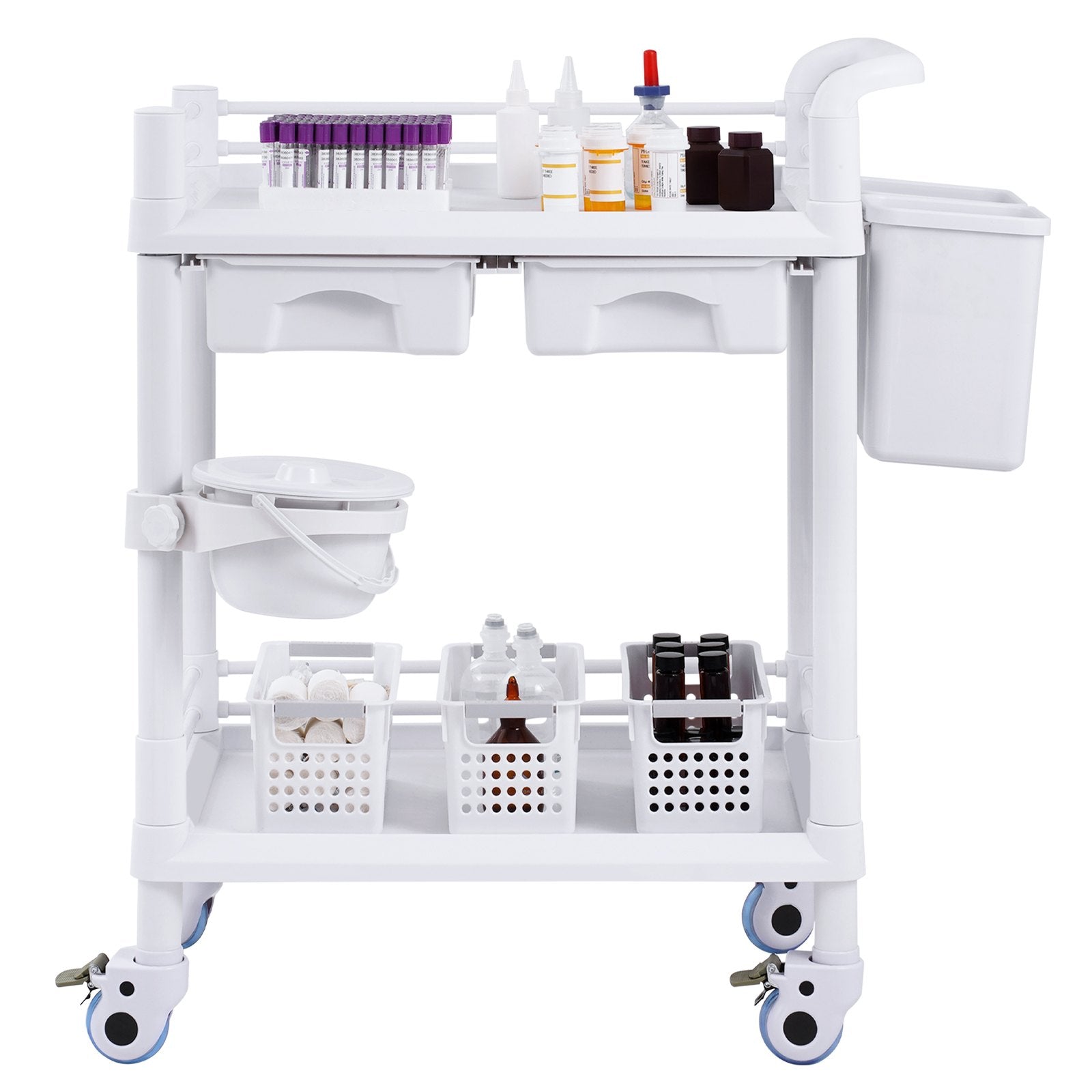 VEVOR 2 Tiers Lab Carts Mobile Medical Cart 2 Trays 2 Drawers 3 Trash Cans White 