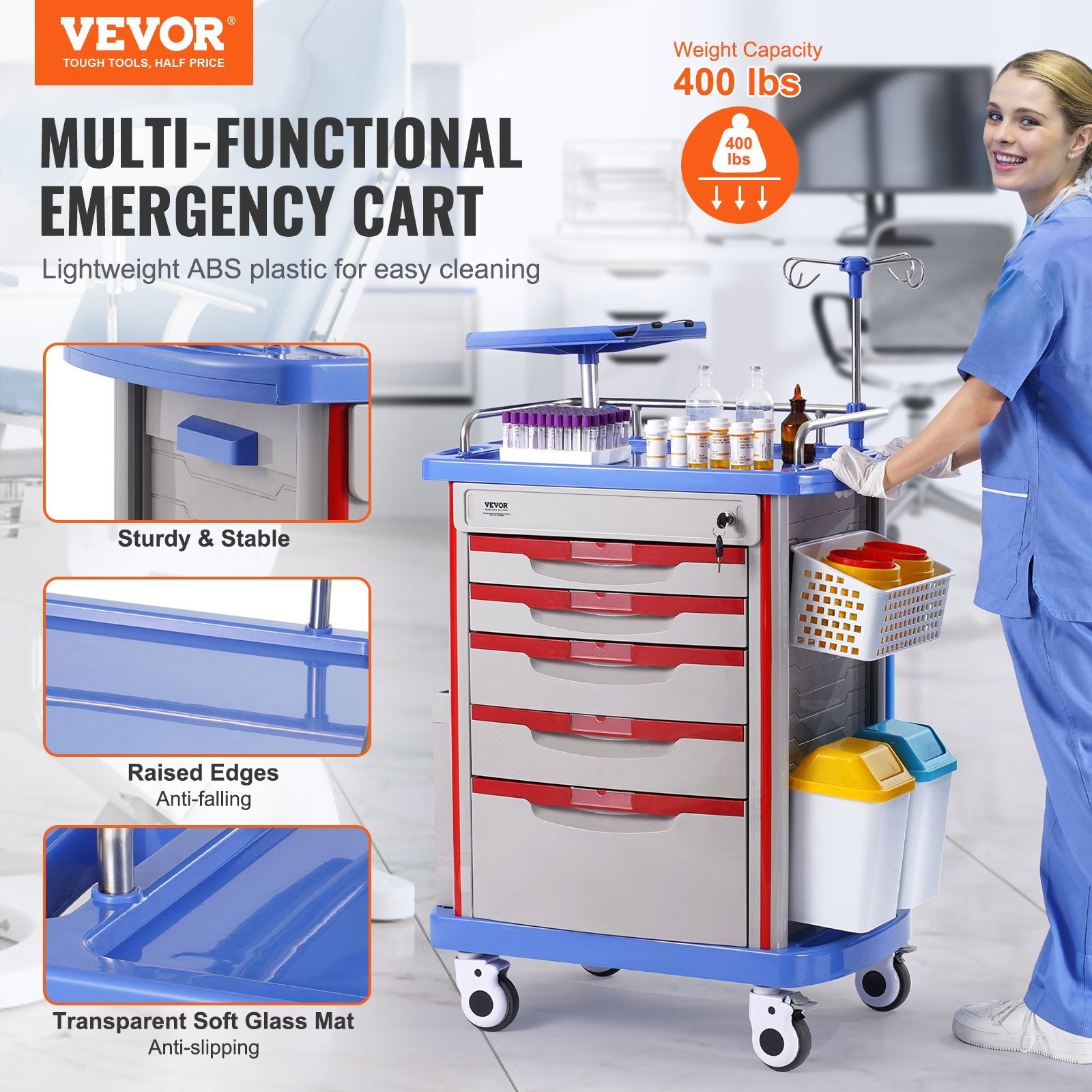 VEVOR 5 Tiers Lab Carts Mobile Medical Cart with 5 Drawers & 2 Trash Cans Blue 