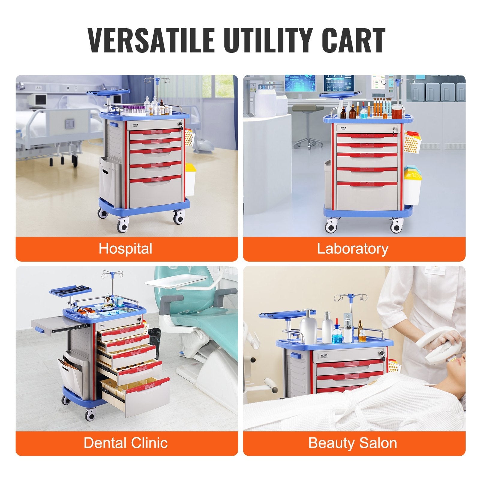 VEVOR 5 Tiers Lab Carts Mobile Medical Cart with 5 Drawers & 2 Trash Cans Blue 