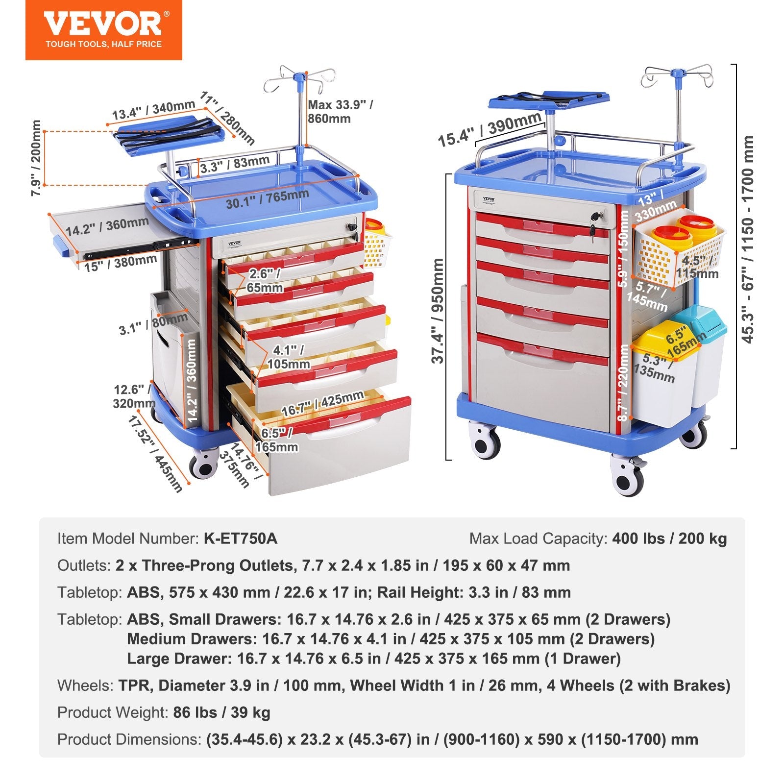 VEVOR 5 Tiers Lab Carts Mobile Medical Cart with 5 Drawers & 2 Trash Cans Blue 