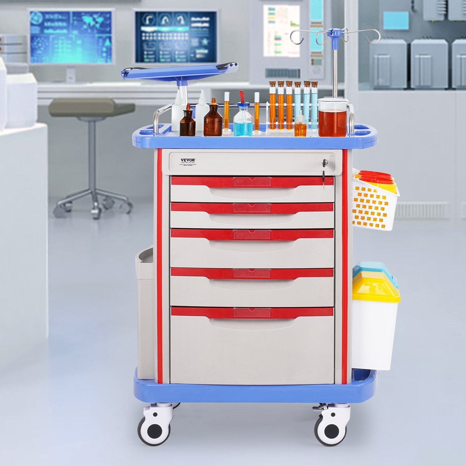 VEVOR 5 Tiers Lab Carts Mobile Medical Cart with 5 Drawers & 2 Trash Cans Blue 