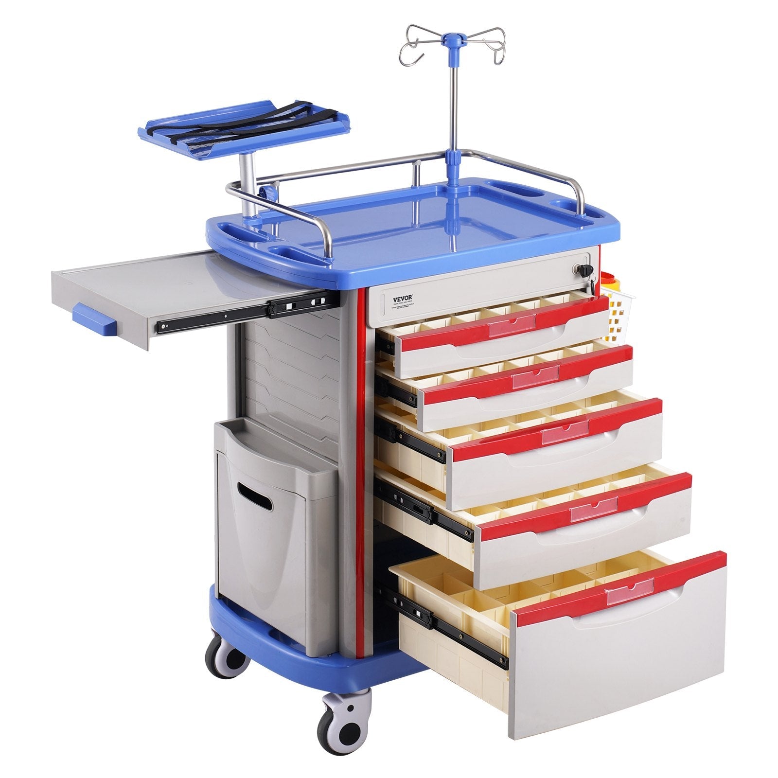 VEVOR 5 Tiers Lab Carts Mobile Medical Cart with 5 Drawers & 2 Trash Cans Blue 